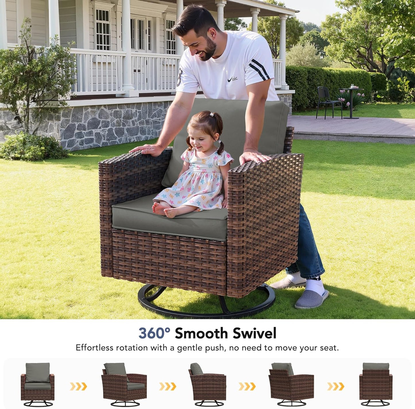 VONZOY Patio Furniture Set, 6 Pcs Patio Outdoor Sectional, Wicker Outdoor Couch with Swivel Chair, Ottomans, Side Table, 4" Thick Cushion, for Garden Backyard Deck,Dark Grey