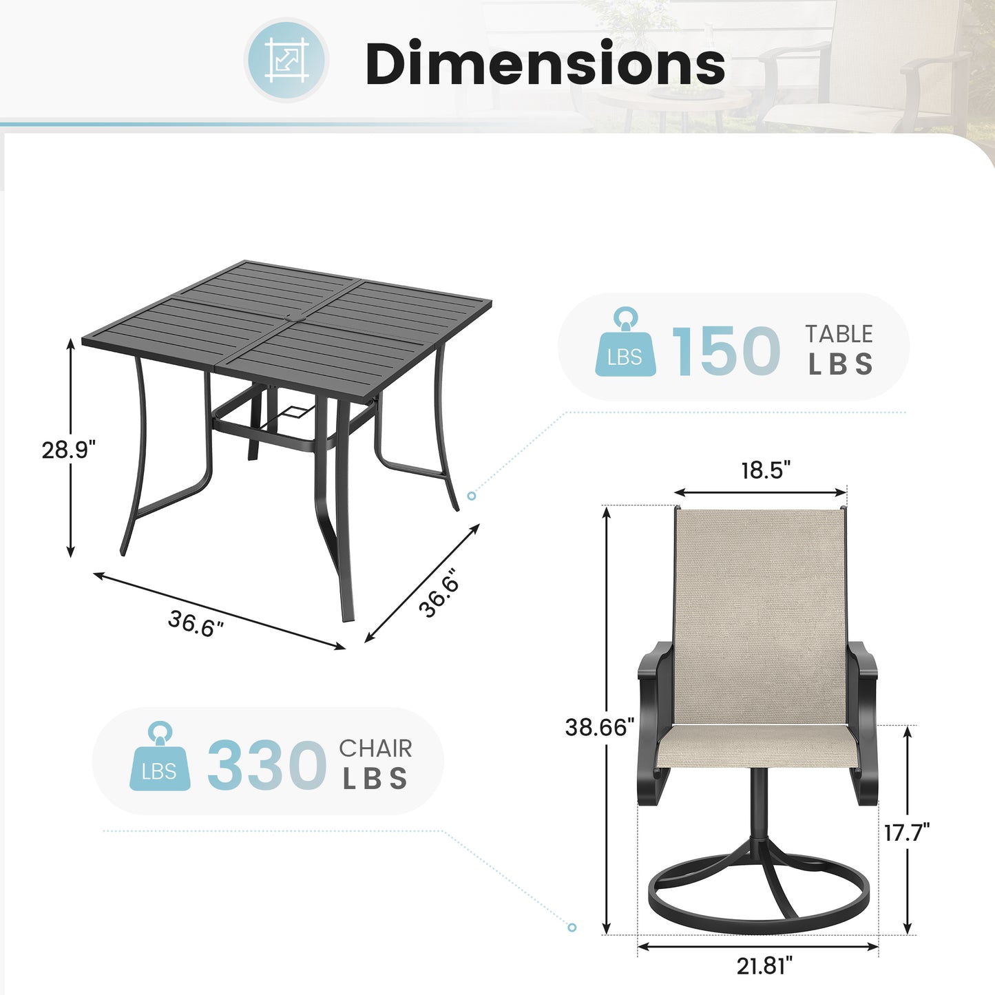 VONZOY 5 Pieces Patio Dining Set, Patio Outdoor Furniture Set of 4 Patio Swivel Dining Chairs and 36" Patio Spliced Square Tabletop with Umbrella Hole, for Deck, Backyard, Poolside & Garden