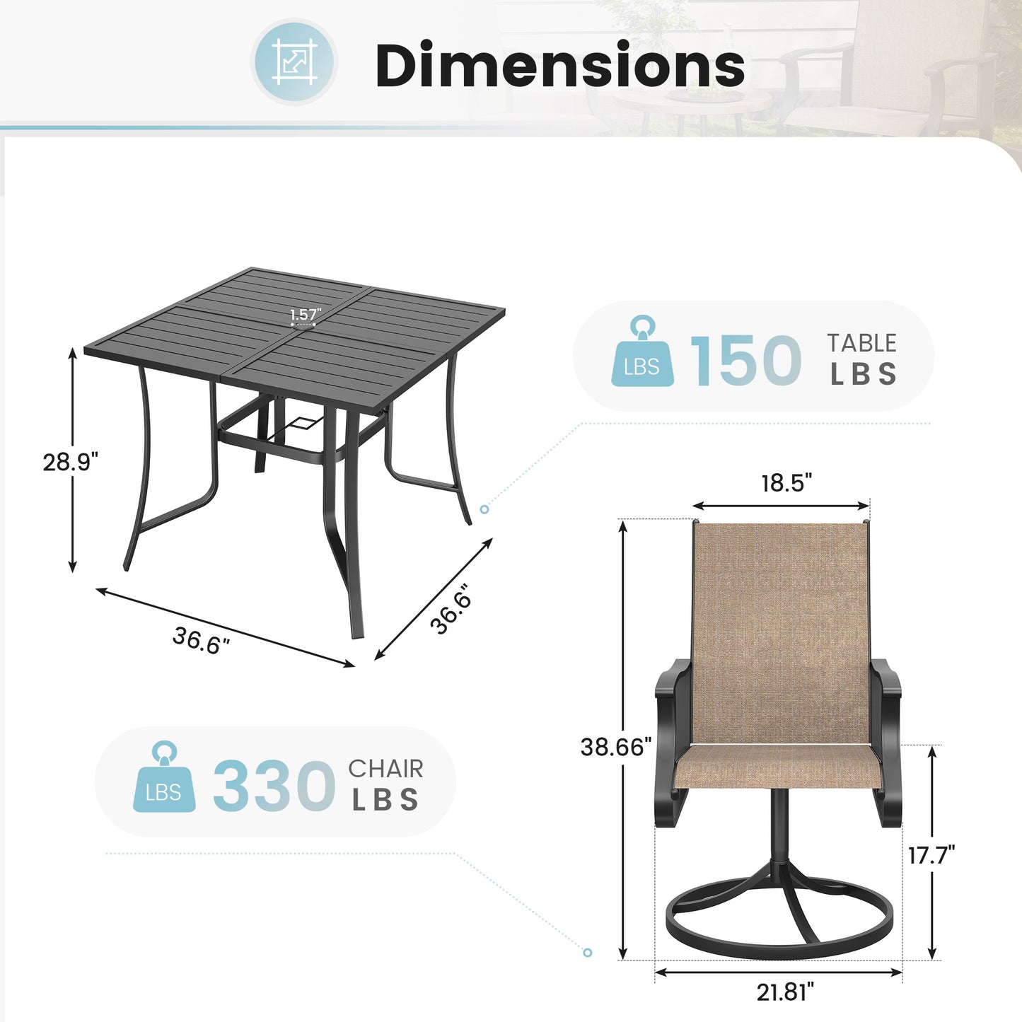 VONZOY 5 Pieces Patio Dining Set, Patio Outdoor Furniture Set of 4 Patio Swivel Dining Chairs and 36" Patio Spliced Square Tabletop with Umbrella Hole, for Deck, Backyard, Poolside & Garden