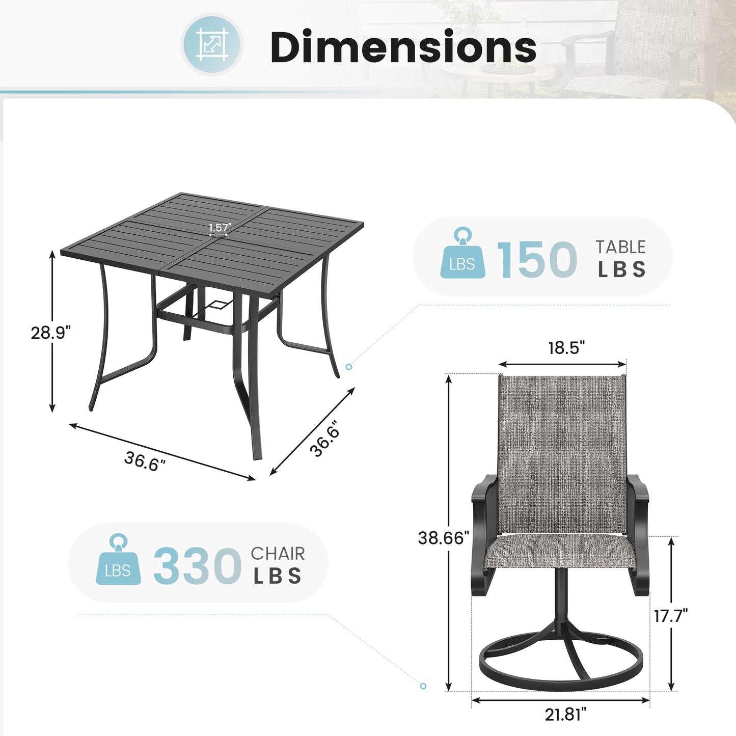 VONZOY 5 Pieces Patio Dining Set, Padded Patio Outdoor Furniture Set of 4 Patio Swivel Dining Chairs and 36" Patio Spliced Square Tabletop with Umbrella Hole, for Deck, Backyard, Poolside & Garden