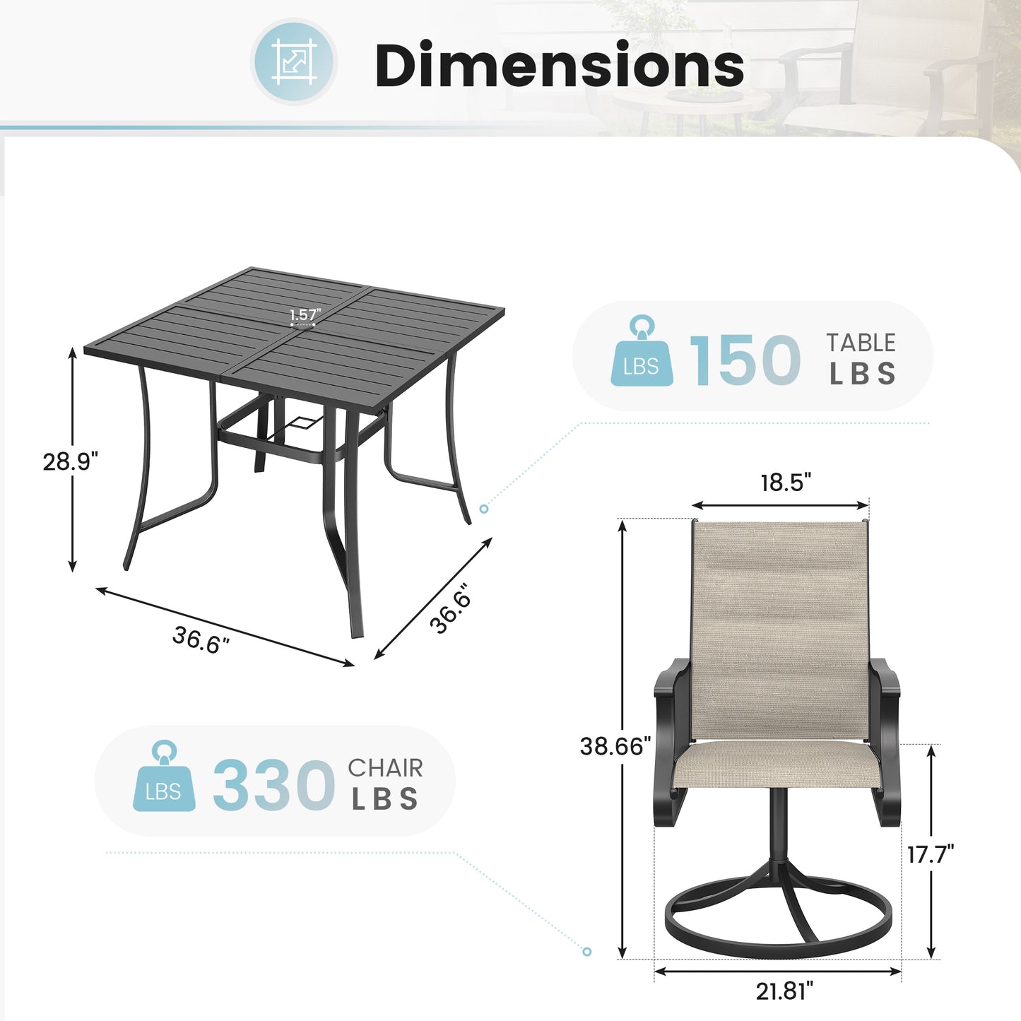 VONZOY 5 Pieces Patio Dining Set, Padded Patio Outdoor Furniture Set of 4 Patio Swivel Dining Chairs and 36" Patio Spliced Square Tabletop with Umbrella Hole, for Deck, Backyard, Poolside & Garden