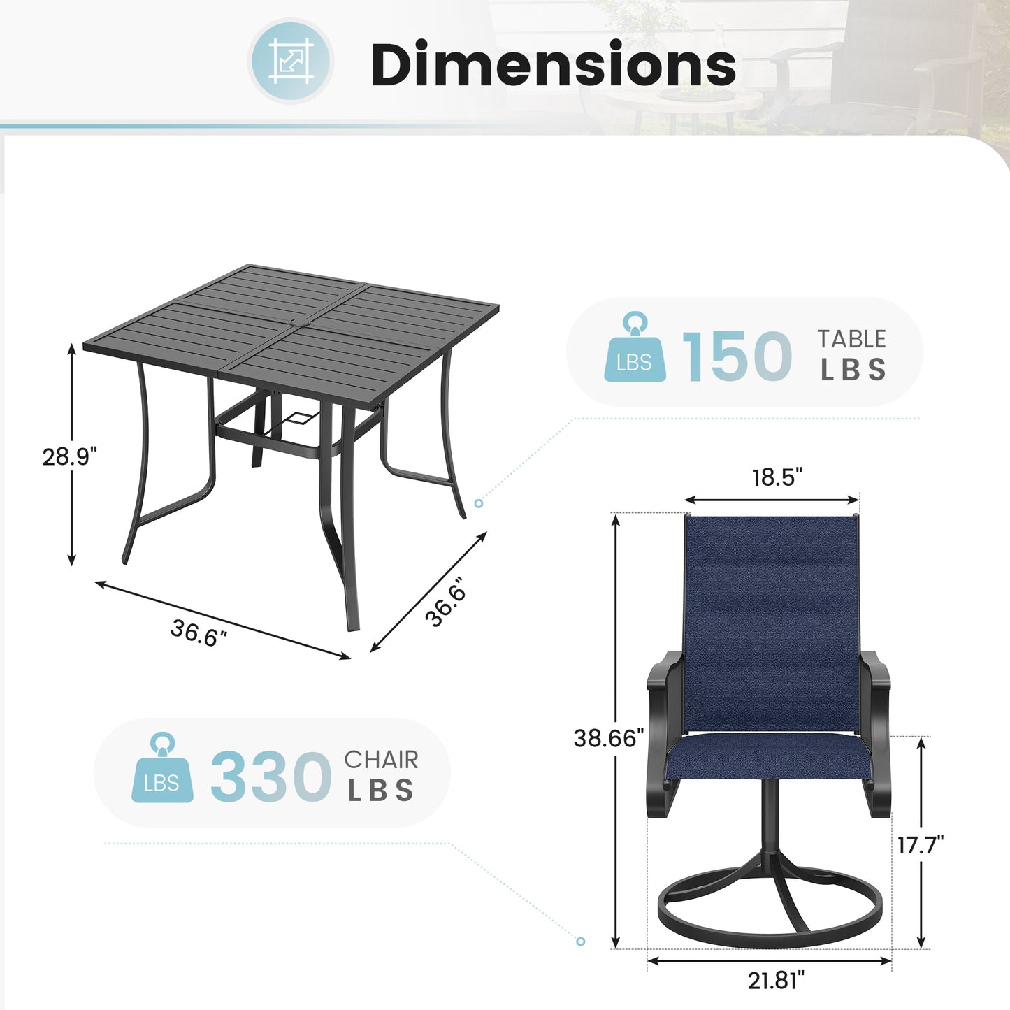 VONZOY 5 Pieces Patio Dining Set, Padded Patio Outdoor Furniture Set of 4 Patio Swivel Dining Chairs and 36" Patio Spliced Square Tabletop with Umbrella Hole, for Deck, Backyard, Poolside & Garden