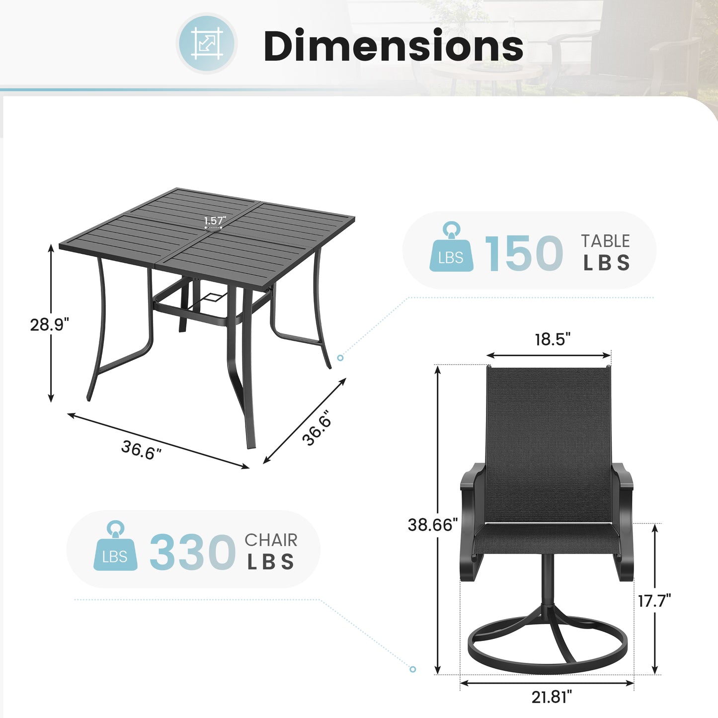 VONZOY 5 Pieces Patio Dining Set, Patio Outdoor Furniture Set of 4 Patio Swivel Dining Chairs and 36" Patio Spliced Square Tabletop with Umbrella Hole, for Deck, Backyard, Poolside & Garden