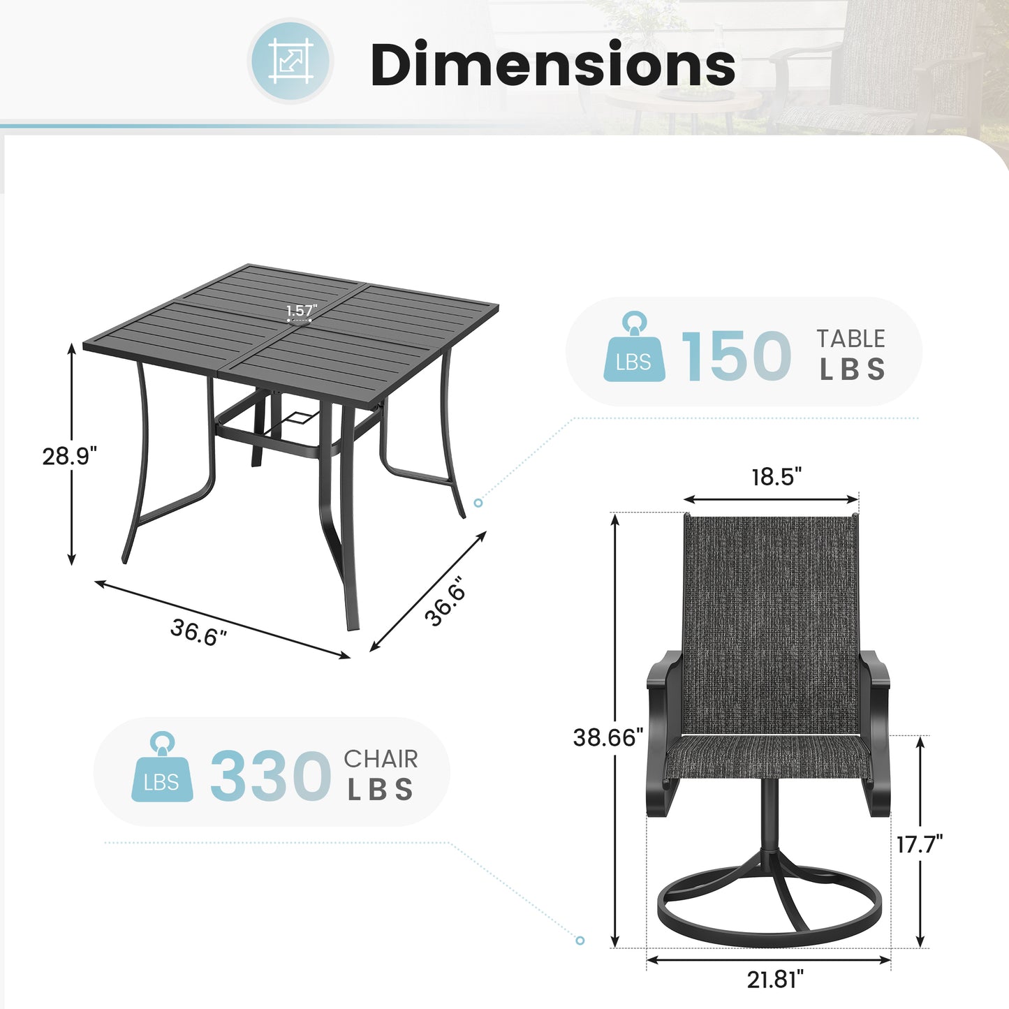 VONZOY 5 Pieces Patio Dining Set, Patio Outdoor Furniture Set of 4 Patio Swivel Dining Chairs and 36" Patio Spliced Square Tabletop with Umbrella Hole, for Deck, Backyard, Poolside & Garden