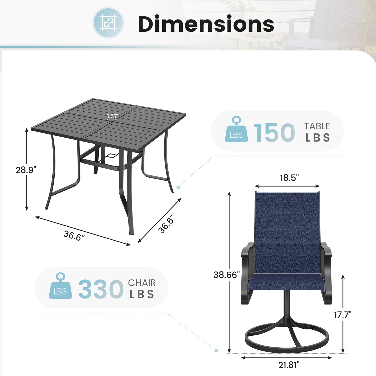 VONZOY 5 Pieces Patio Dining Set, Patio Outdoor Furniture Set of 4 Patio Swivel Dining Chairs and 36" Patio Spliced Square Tabletop with Umbrella Hole, for Deck, Backyard, Poolside & Garden
