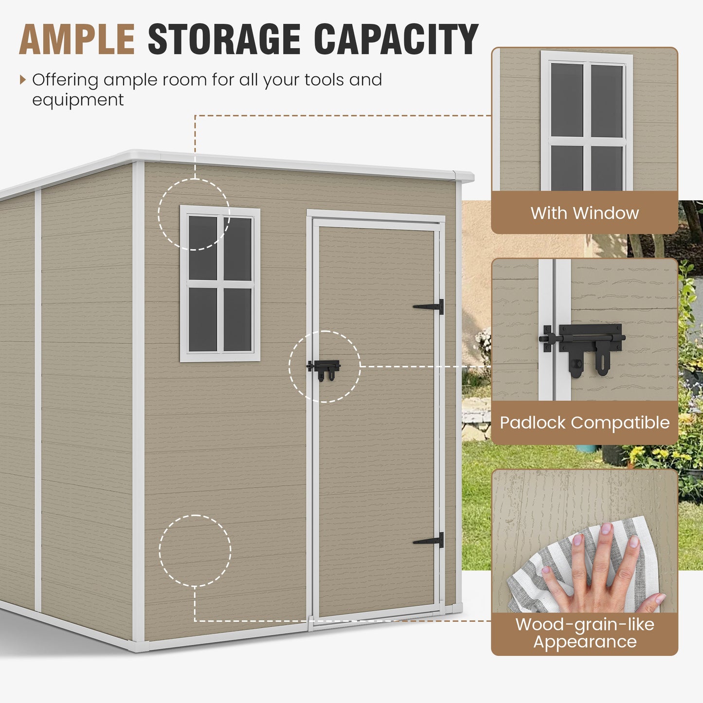 VONZOY Outdoor Storage Shed, 6x6 FT Resin Shed with Floor and Lockable Door, Window & Vents, Tool Sheds & Outdoor Storage for Bike, Garden Accessories, Tools, Waterproof