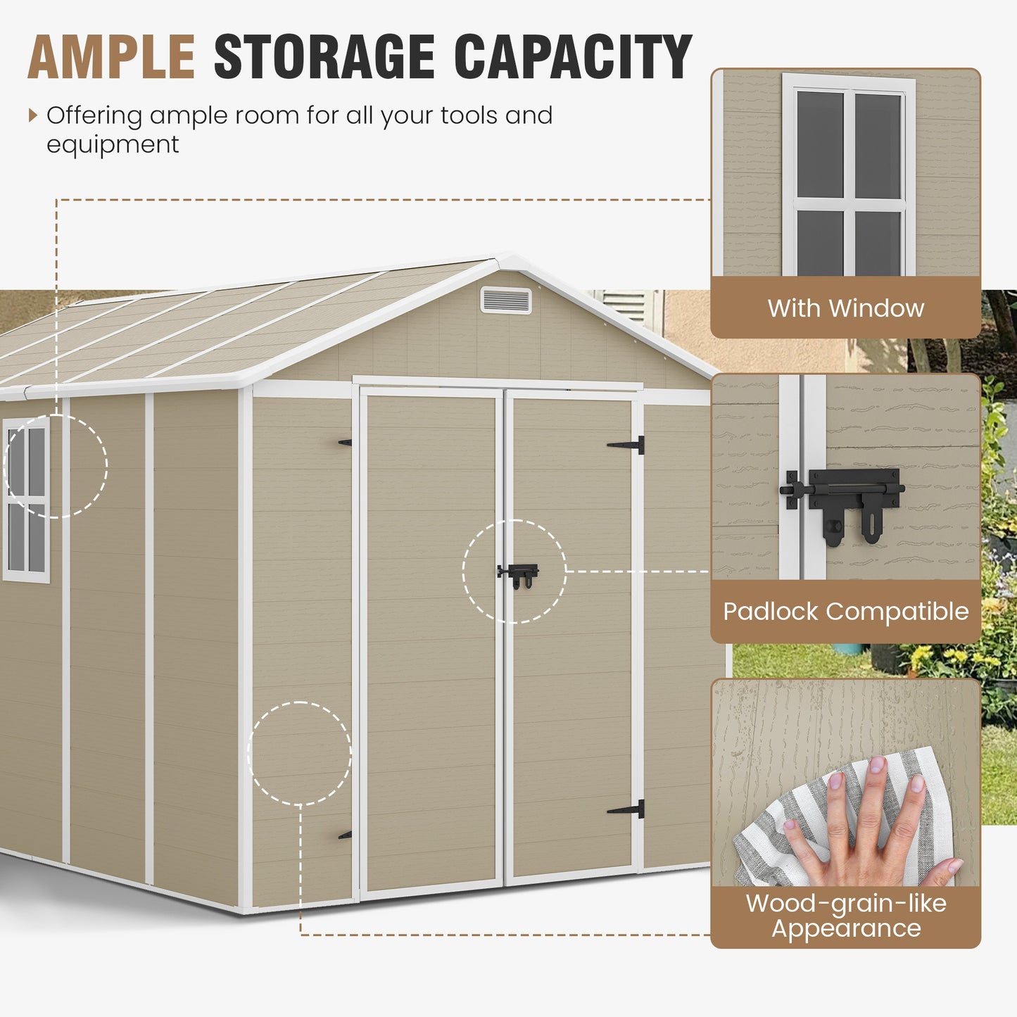 VONZOY Outdoor Storage Shed, 8x10 FT Resin Shed with Floor and Window, Lockable Door, Vents, Tool Sheds & Outdoor Storage for Bike, Tools, Garden Accessories, Waterproof
