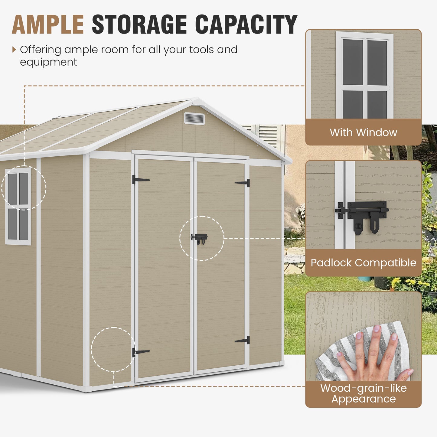 VONZOY Outdoor Storage Shed, 8x6 FT Resin Shed with Floor and Lockable Door, Window & Vents, Tool Sheds & Outdoor Storage for Bike, Garden Accessories, Tools, Waterproof