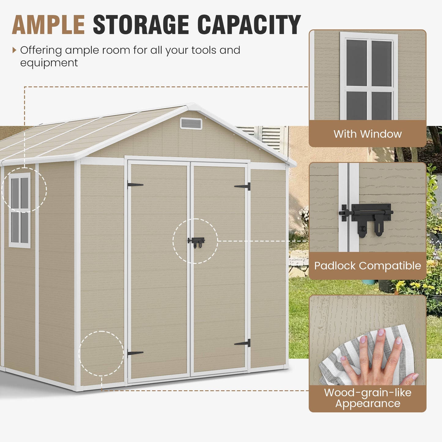 VONZOY Outdoor Storage Shed, 8x8 FT Resin Shed with Floor and Lockable Door, Window & Vents, Tool Sheds & Outdoor Storage for Bike, Garden Accessories, Tools, Waterproof