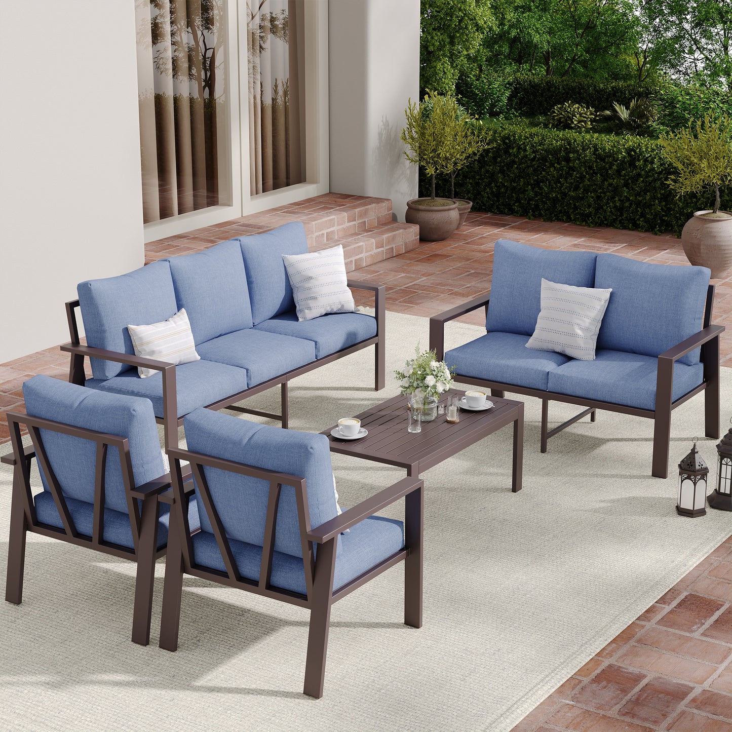 5-Piece Outdoor Furniture All-Weather Aluminum Patio Conversation Set with Coffee Table Rust-Proof Sectional Sofa Set with Removable Cushion for Deck, Backyard, Poolside & Small Spaces