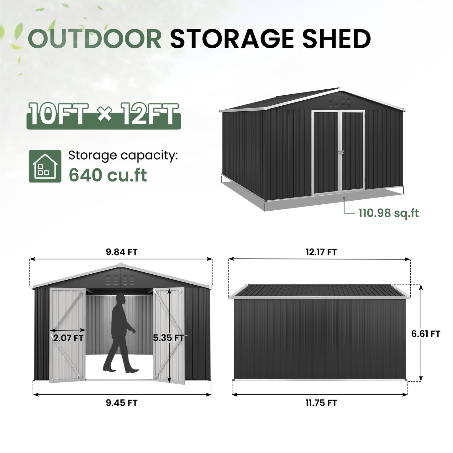VONZOY 10x12 FT Outdoor Storage Shed, Metal Shed Garden Shed with Lockable Door for Bike, Garbage Can, Tool Shed for Backyard, Patio, Lawn(Grey)