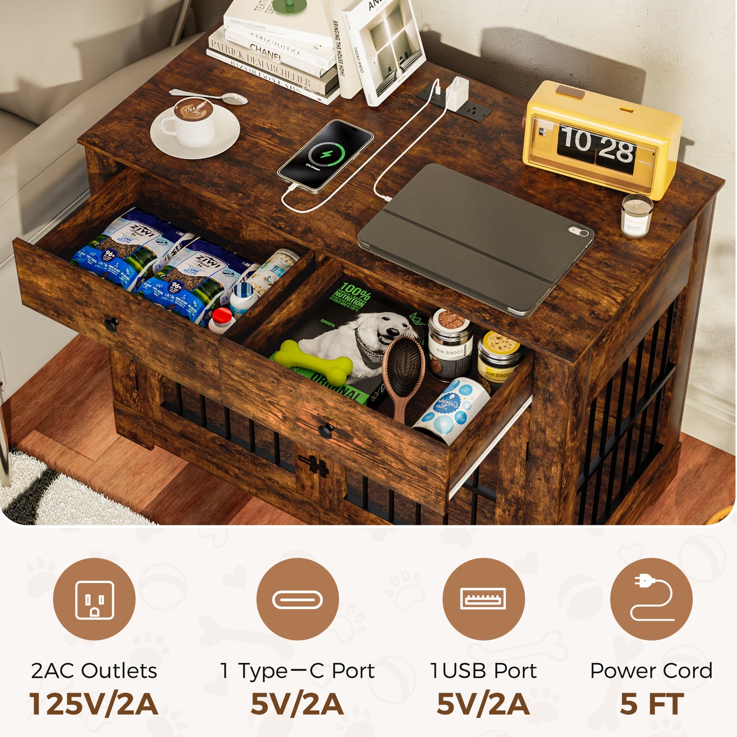 44.5" Dog Crate Furniture with Charging Station & 2 Drawers, Heavy-Duty Wooden Dog House Indoor Dog Kennel End Table with Double-Door Pet Cage for Small/Medium Dogs