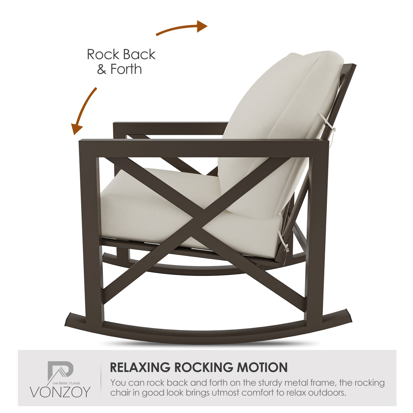 VONZOY Outdoor Rocking Bistro Set, Patio Rocking Chairs Set of 2 with Coffee Table, 3 Pieces Metal Conversation Sets with 6.5" Thick Cushions for Backyard, Porch, Poolside, Oversized (Beige)