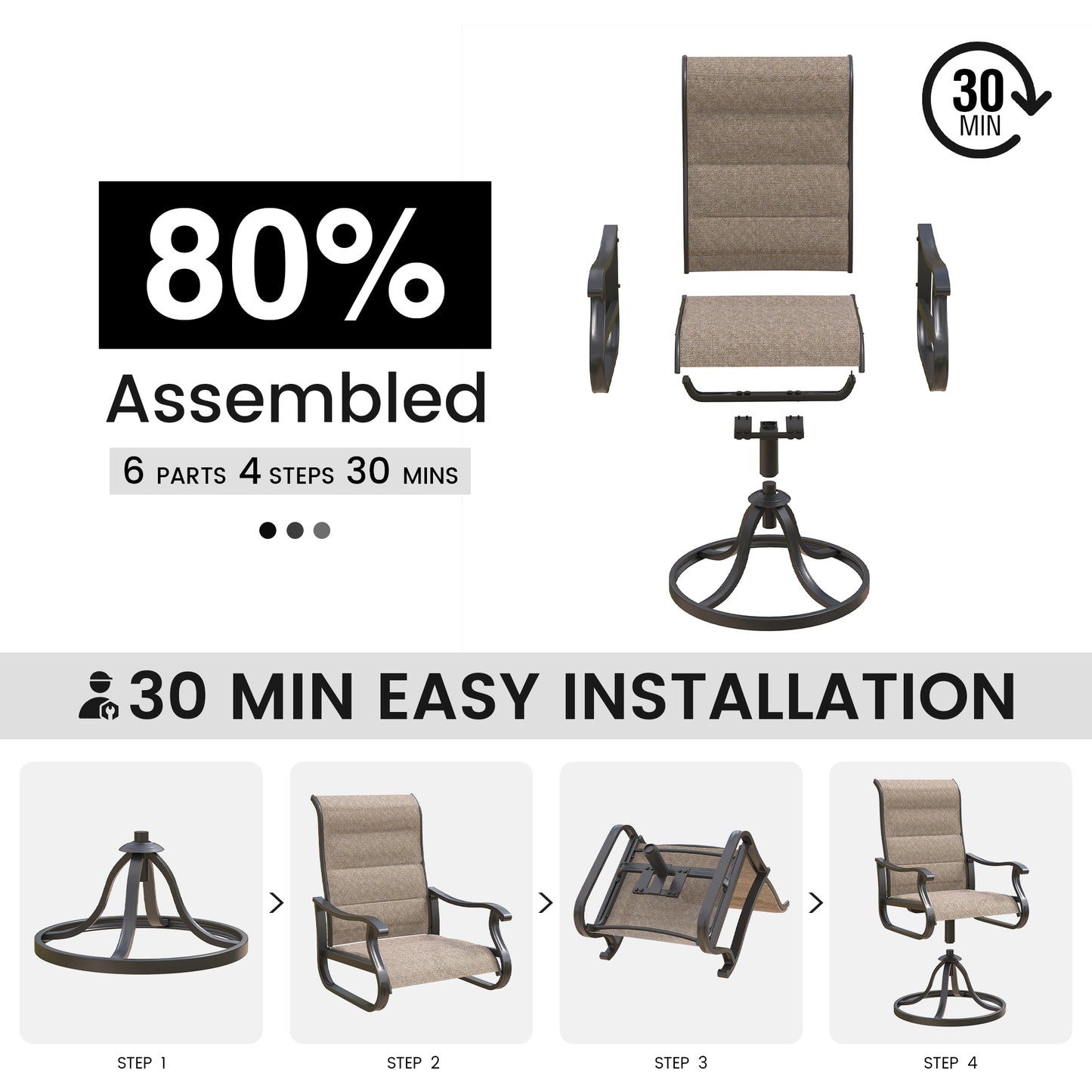 VONZOY Patio Swivel Chairs Set of 6, Outdoor Dining Chairs with High Back, All-Weather Swivel Rocker Chair for Lawn, Porch or Garden