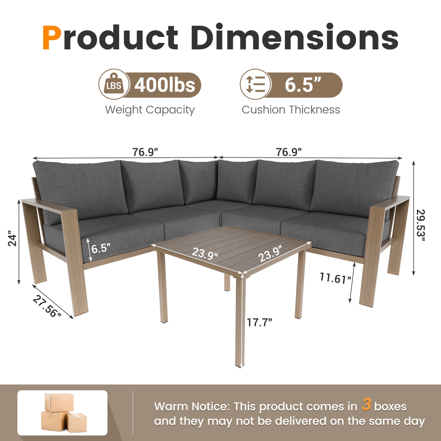 VONZOY 6 Pieces Patio Furniture Set, Wood-Look Metal Outdoor Sectional Furniture Conversation Set, L Shape Patio Couch with Side Table, 6.5" Thick Olefin Cushions for Garden, Backyard, Deck(Dark Grey)