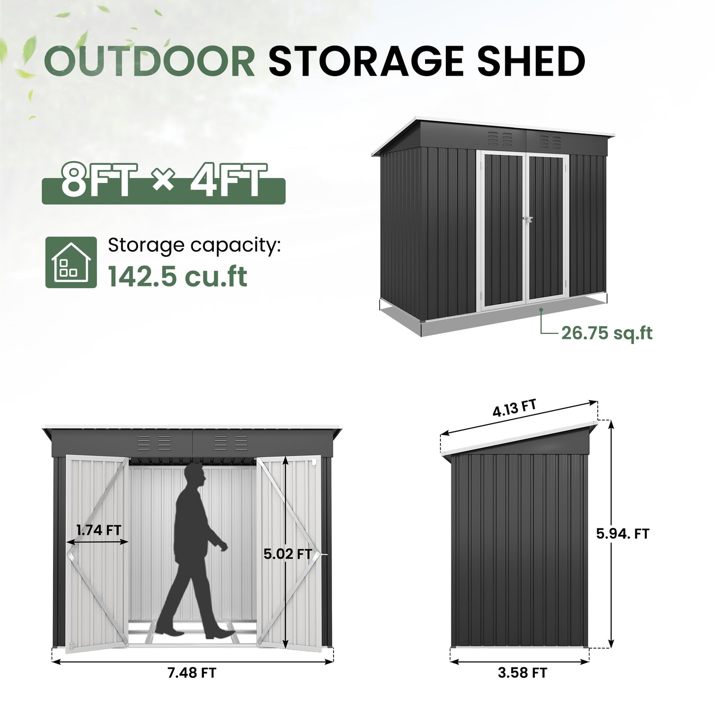 VONZOY 8x4FT Outdoor Storage Shed, Galvanized Steel Outdoor Storage Shed Metal Garden Shed with Lockable Door for Bike, Garbage Can,Tool Shed for Patio, Backyard, Lawn(Grey)
