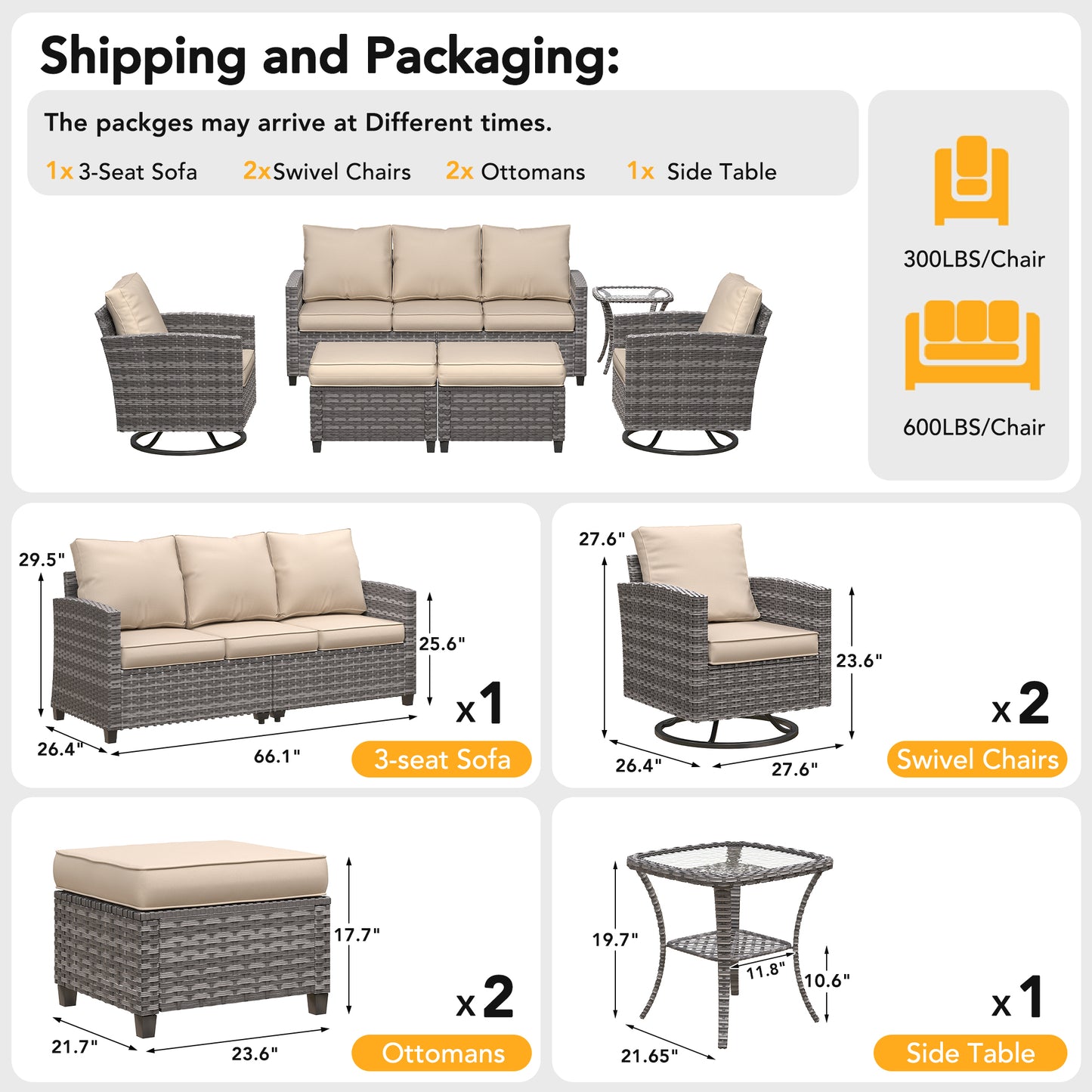 VONZOY Patio Furniture Sets, 6 Pieces Patio Outdoor Sectional Furniture, Wicker Rattan Conversation Sofa with Rocking Chair, Ottomans, Side Table, Khaki Cushion