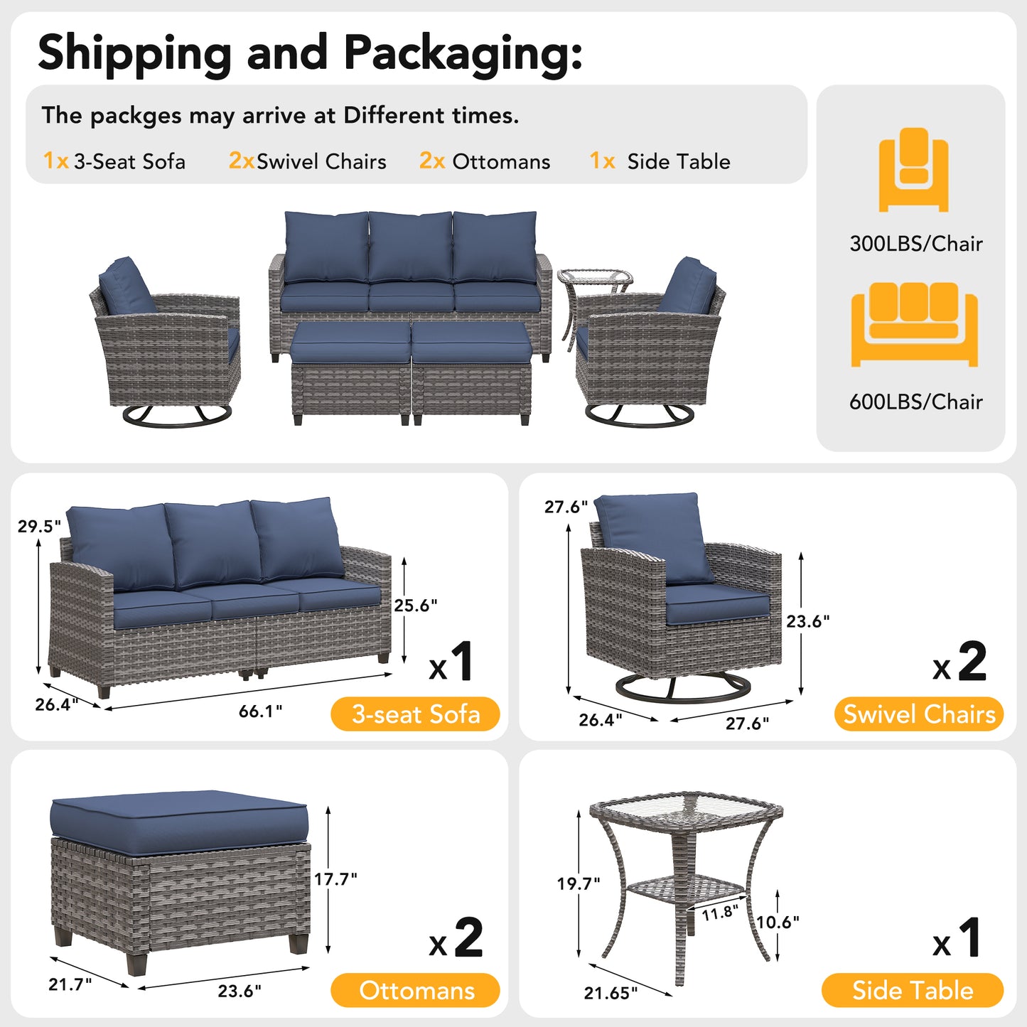 VONZOY Patio Furniture Sets, 6 Pieces Patio Outdoor Sectional Furniture, Wicker Rattan Conversation Sofa with Rocking Chair, Ottomans, Side Table, Navy Blue Cushion