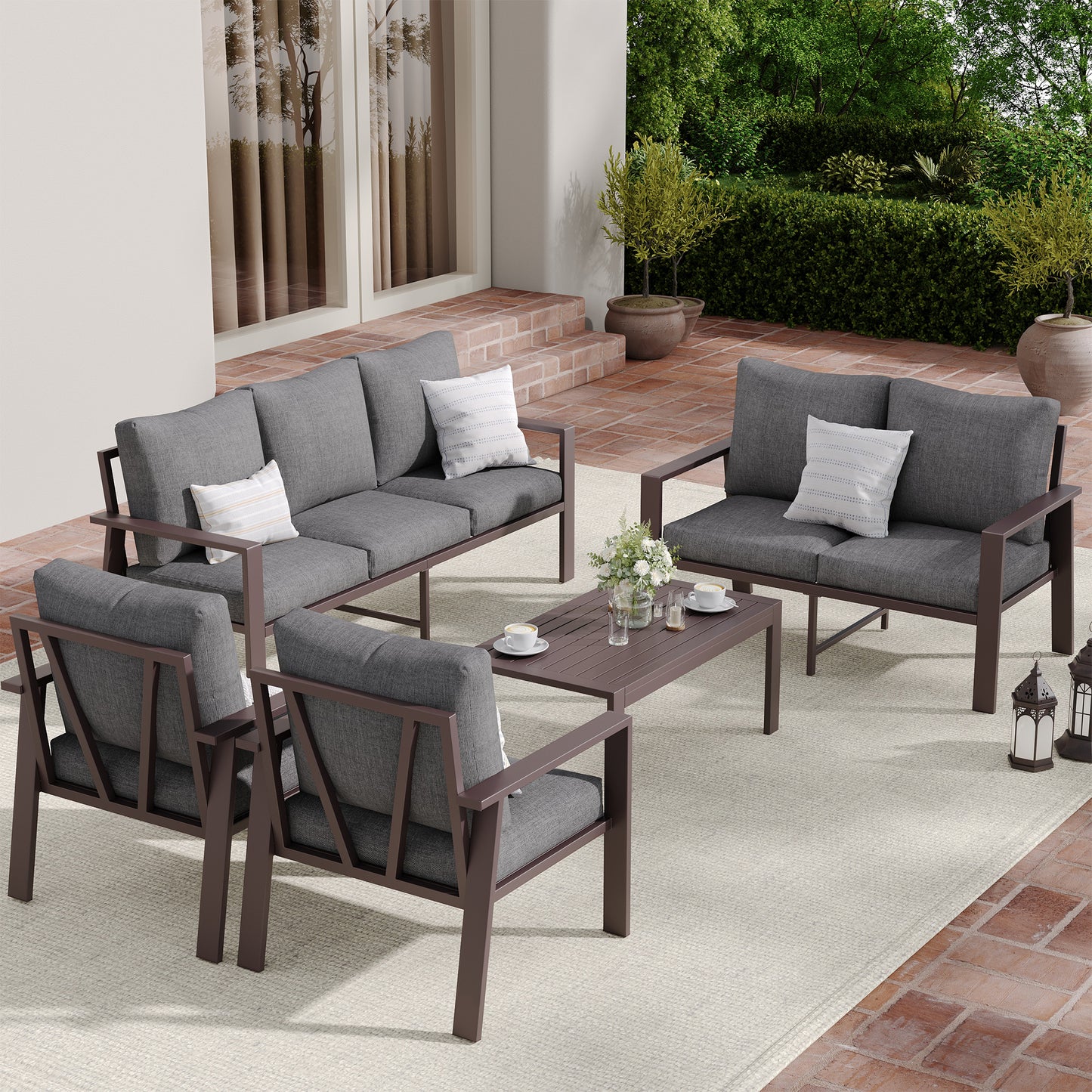 5-Piece Outdoor Furniture All-Weather Aluminum Patio Conversation Set with Coffee Table Rust-Proof Sectional Sofa Set with Removable Cushion for Deck, Backyard, Poolside & Small Spaces