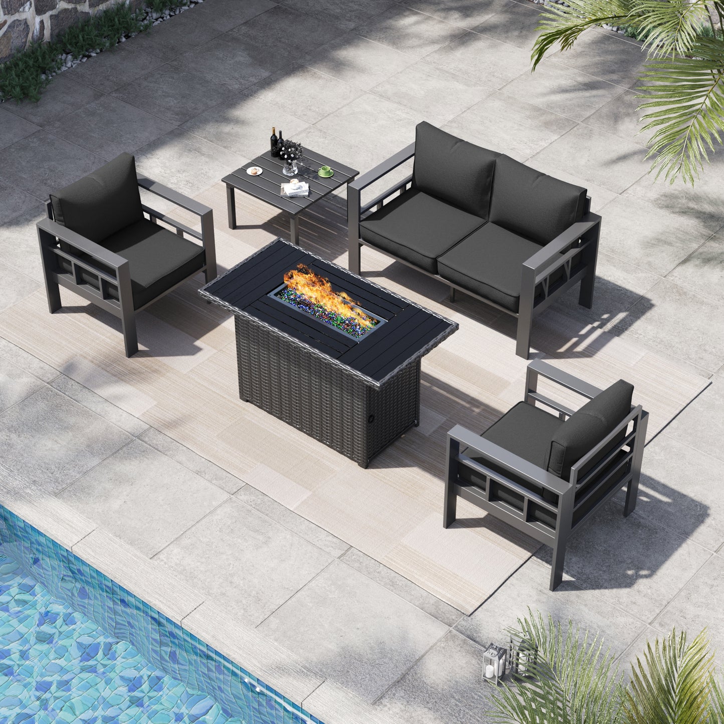 VONZOY 5 Piece Aluminum Patio Furniture Set with 44" Fire Pit Table & Thick Cushions, Aluminum Outdoor Sectional Conversation Set with Coffee Table for Porch, Backyard(Grey/Dark Grey-1)