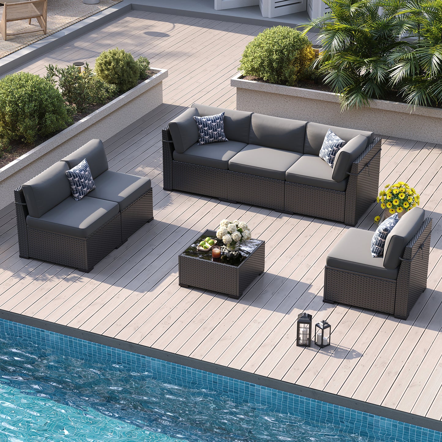 VONZOY Patio Furniture Sets, 7-Piece Outdoor Patio Furniture with Thick Cushions,Coffee Table Outdoor All-Weather Conversation Set Sectional Sofa for Backyard, Poolside, Garden(Grey)