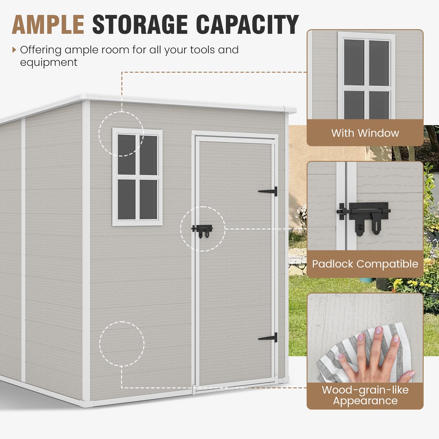 VONZOY Outdoor Storage Shed, 6x6 FT Resin Shed with Floor and Lockable Door, Window & Vents, Tool Sheds & Outdoor Storage for Bike, Garden Accessories, Tools, Waterproof