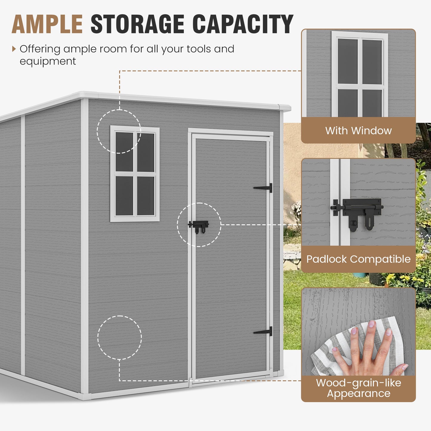 VONZOY Outdoor Storage Shed, 6x6 FT Resin Shed with Floor and Lockable Door, Window & Vents, Tool Sheds & Outdoor Storage for Bike, Garden Accessories, Tools, Waterproof