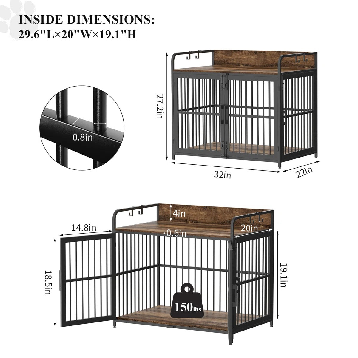 Dog Crate Furniture, 32" Side End Table, Modern Kennel for Dogs Indoor up to 150 lb, Heavy-Duty Dog Cage with Enclosed Base, Double-Door Dog House for Puppies or Medium Dogs