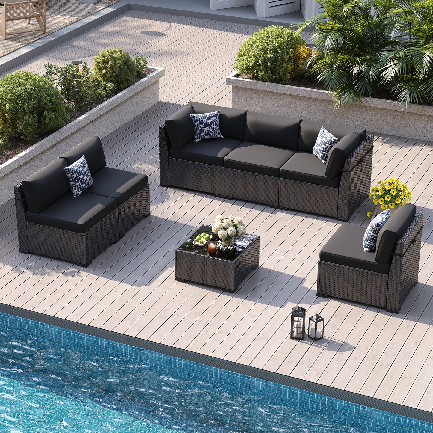 VONZOY Patio Furniture Sets, 7-Piece Outdoor Patio Furniture with Thick Cushions,Coffee Table Outdoor All-Weather Conversation Set Sectional Sofa for Backyard, Poolside, Garden(Black)