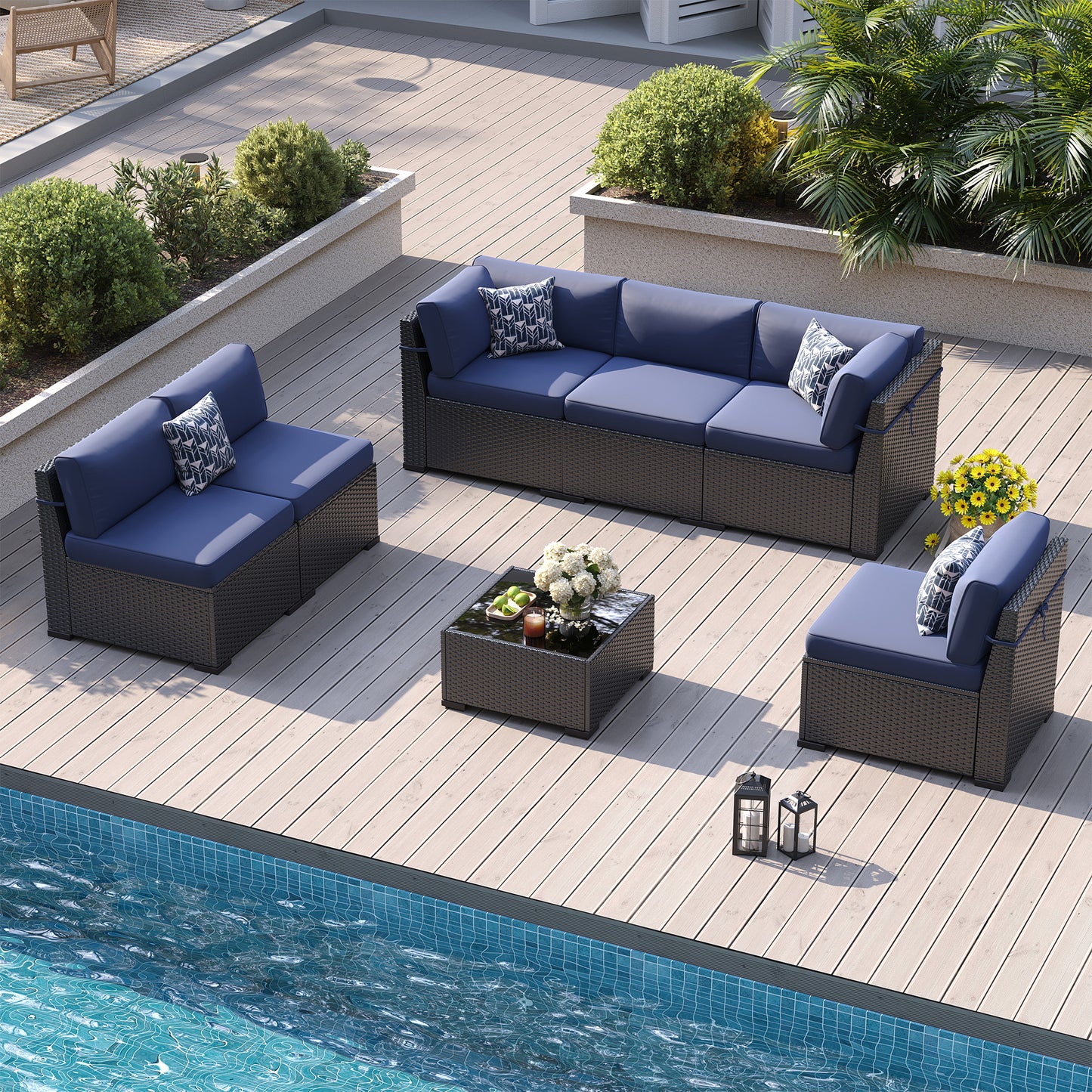 VONZOY Patio Furniture Sets, 7-Piece Outdoor Patio Furniture with Thick Cushions,Coffee Table Outdoor All-Weather Conversation Set Sectional Sofa for Backyard, Poolside, Garden(Navy Blue)