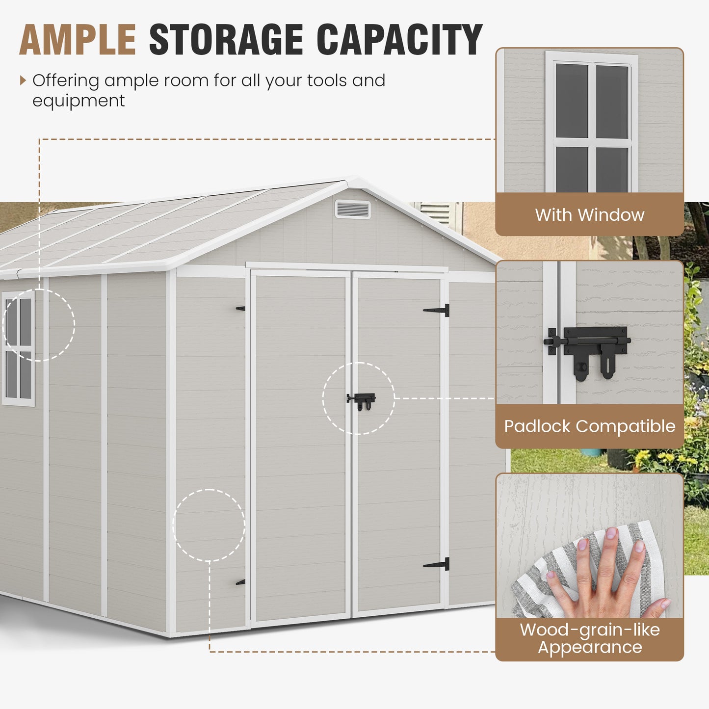 VONZOY Outdoor Storage Shed, 8x10 FT Resin Shed with Floor and Window, Lockable Door, Vents, Tool Sheds & Outdoor Storage for Bike, Tools, Garden Accessories, Waterproof