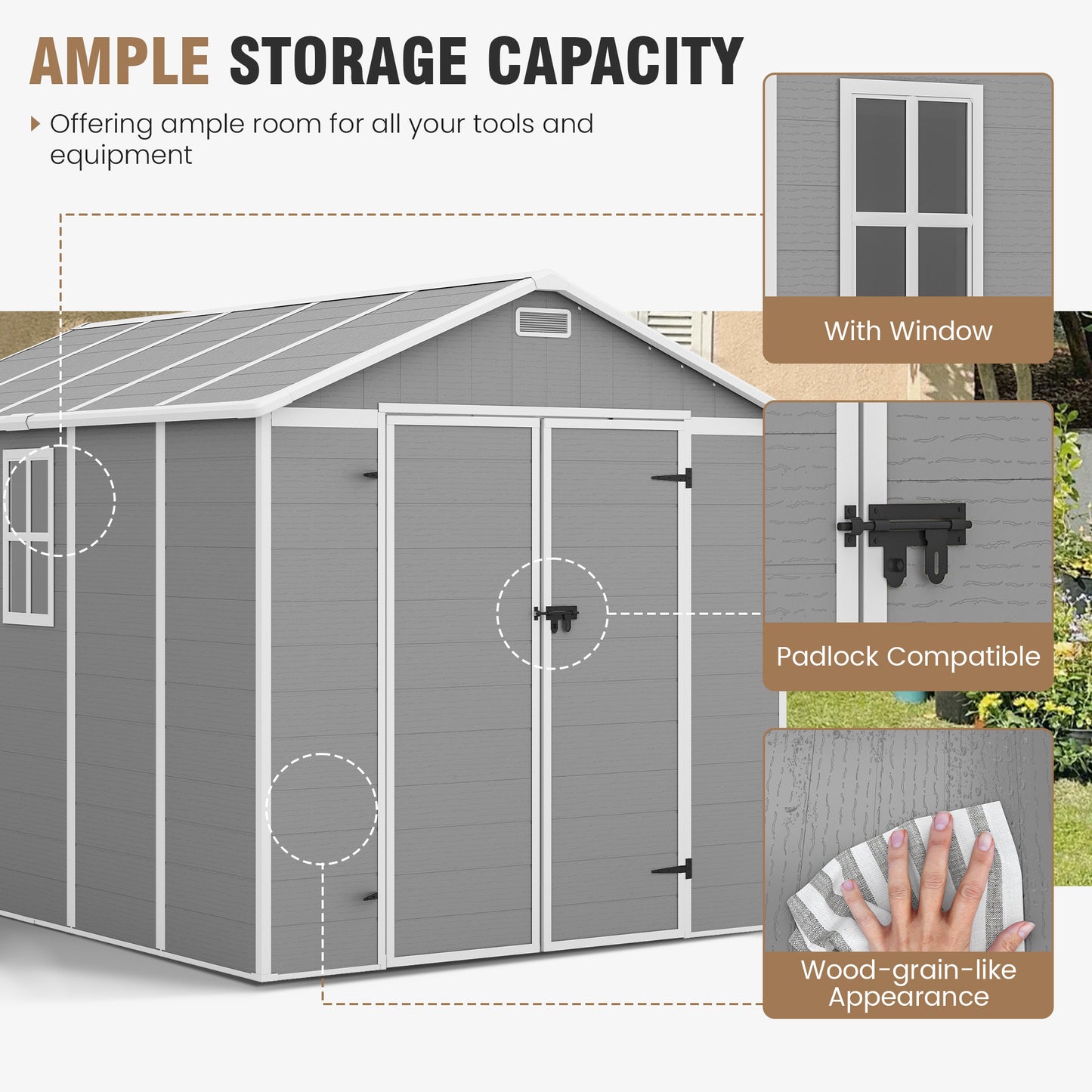 VONZOY Outdoor Storage Shed, 8x10 FT Resin Shed with Floor and Window, Lockable Door, Vents, Tool Sheds & Outdoor Storage for Bike, Tools, Garden Accessories, Waterproof