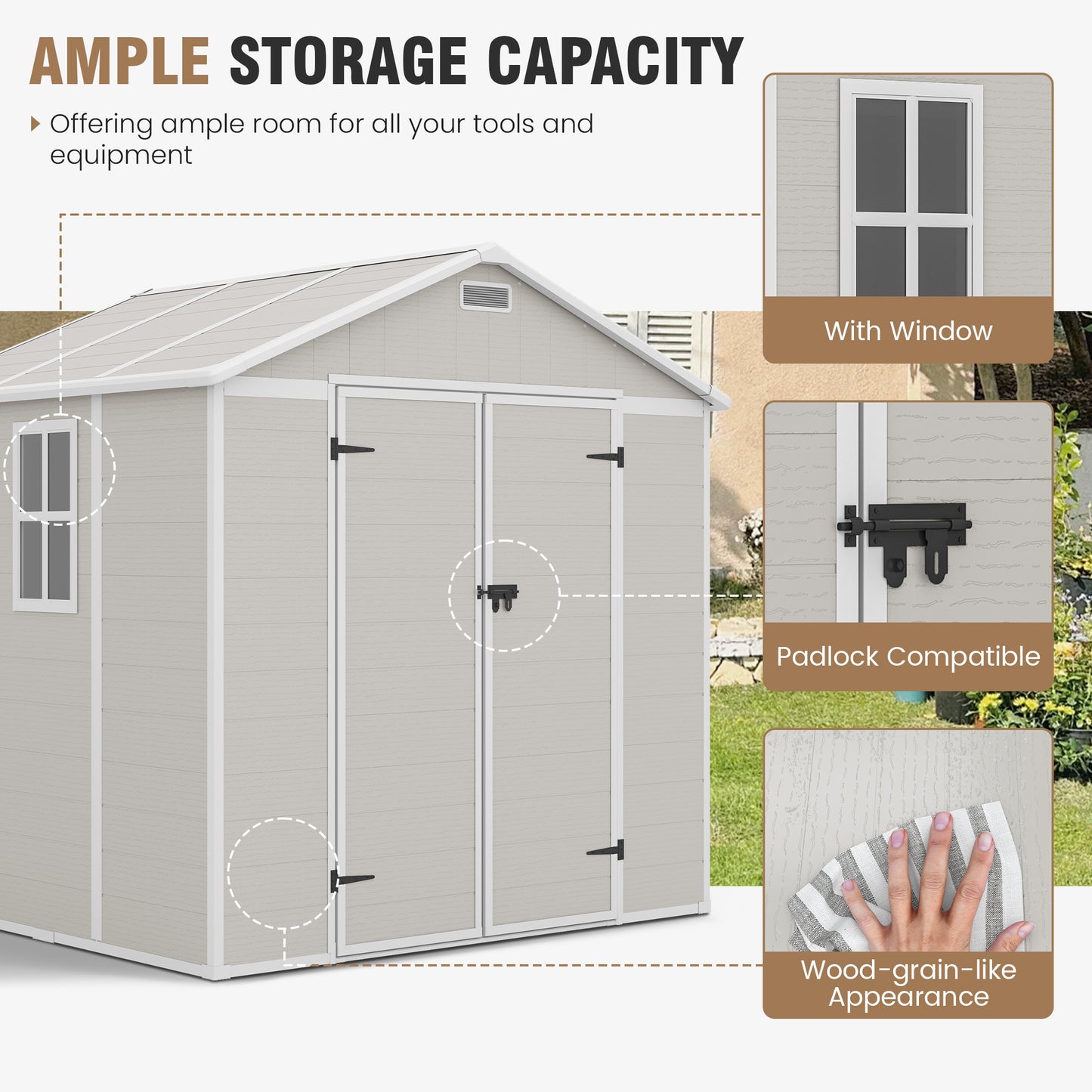 VONZOY Outdoor Storage Shed, 8x6 FT Resin Shed with Floor and Lockable Door, Window & Vents, Tool Sheds & Outdoor Storage for Bike, Garden Accessories, Tools, Waterproof