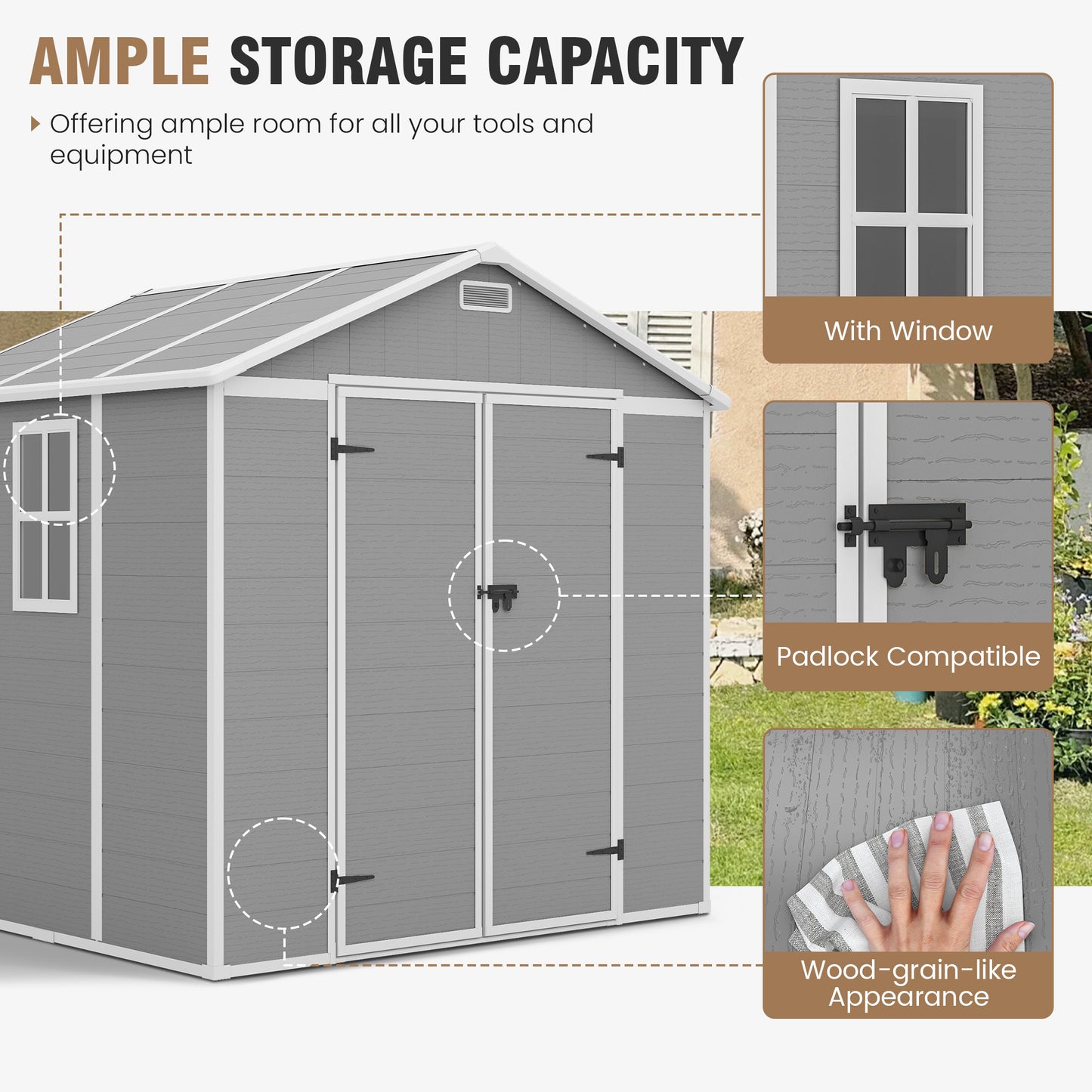 VONZOY Outdoor Storage Shed, 8x6 FT Resin Shed with Floor and Lockable Door, Window & Vents, Tool Sheds & Outdoor Storage for Bike, Garden Accessories, Tools, Waterproof