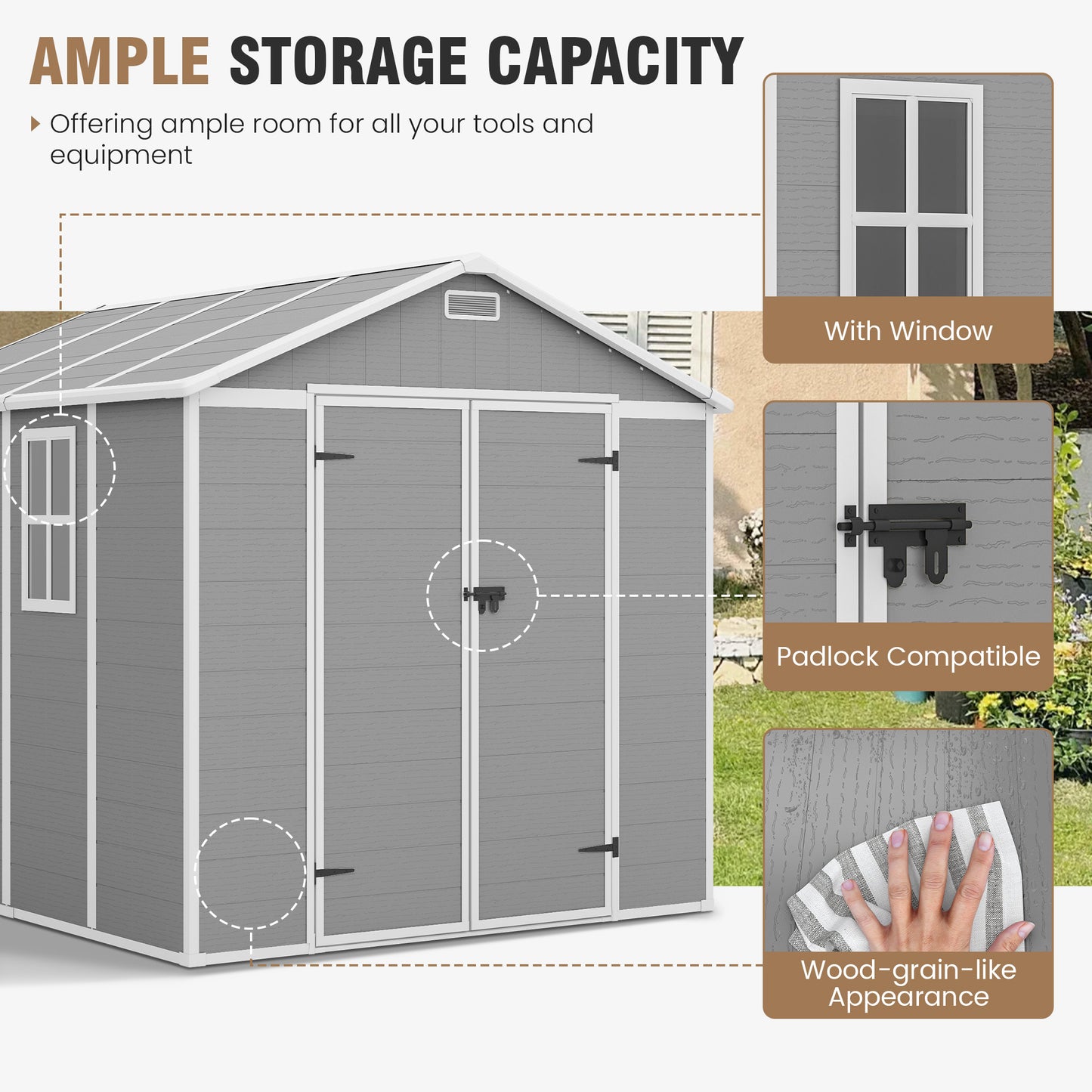 VONZOY Outdoor Storage Shed, 8x8 FT Resin Shed with Floor and Lockable Door, Window & Vents, Tool Sheds & Outdoor Storage for Bike, Garden Accessories, Tools, Waterproof