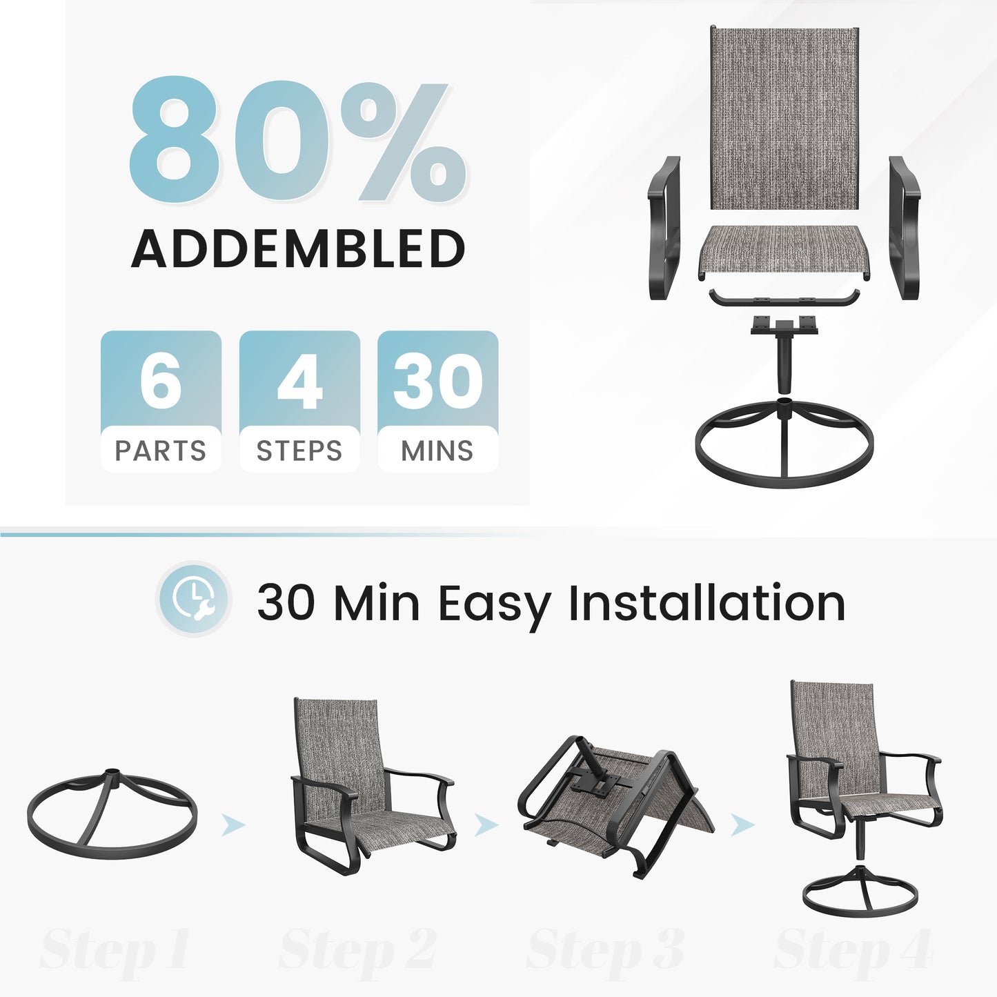 VONZOY Patio Swivel Chairs Set of 2, Outdoor Dining Chairs with High Back, 360° Swivel Rocker Chair in All-Weather Padded Textilene & Metal Frame for Garden, Porch, Backyard, Balcony(Padded Grey)