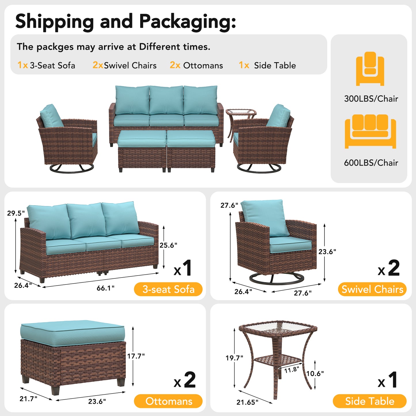 VONZOY Patio Furniture Sets, 6 Pieces Outdoor Sectional Furniture, Wicker Rattan Conversation Sofa with Rocking Chair, Ottomans, Side Table, Light Blue Cushion