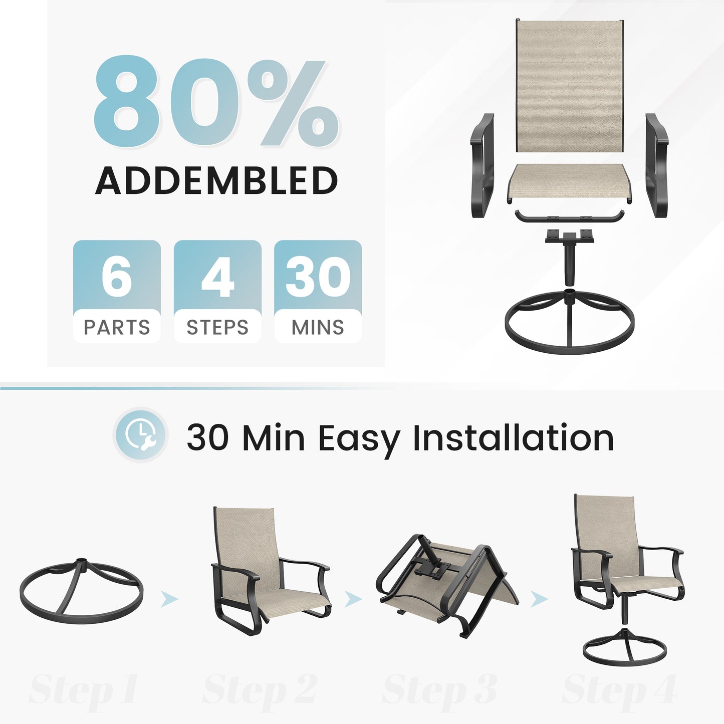 VONZOY Patio Swivel Chairs Set of 2, Outdoor Dining Chairs with High Back, 360° Swivel Rocker Chair in All-Weather Textilene & Metal Frame for Garden, Porch, Backyard, Balcony(Beige)