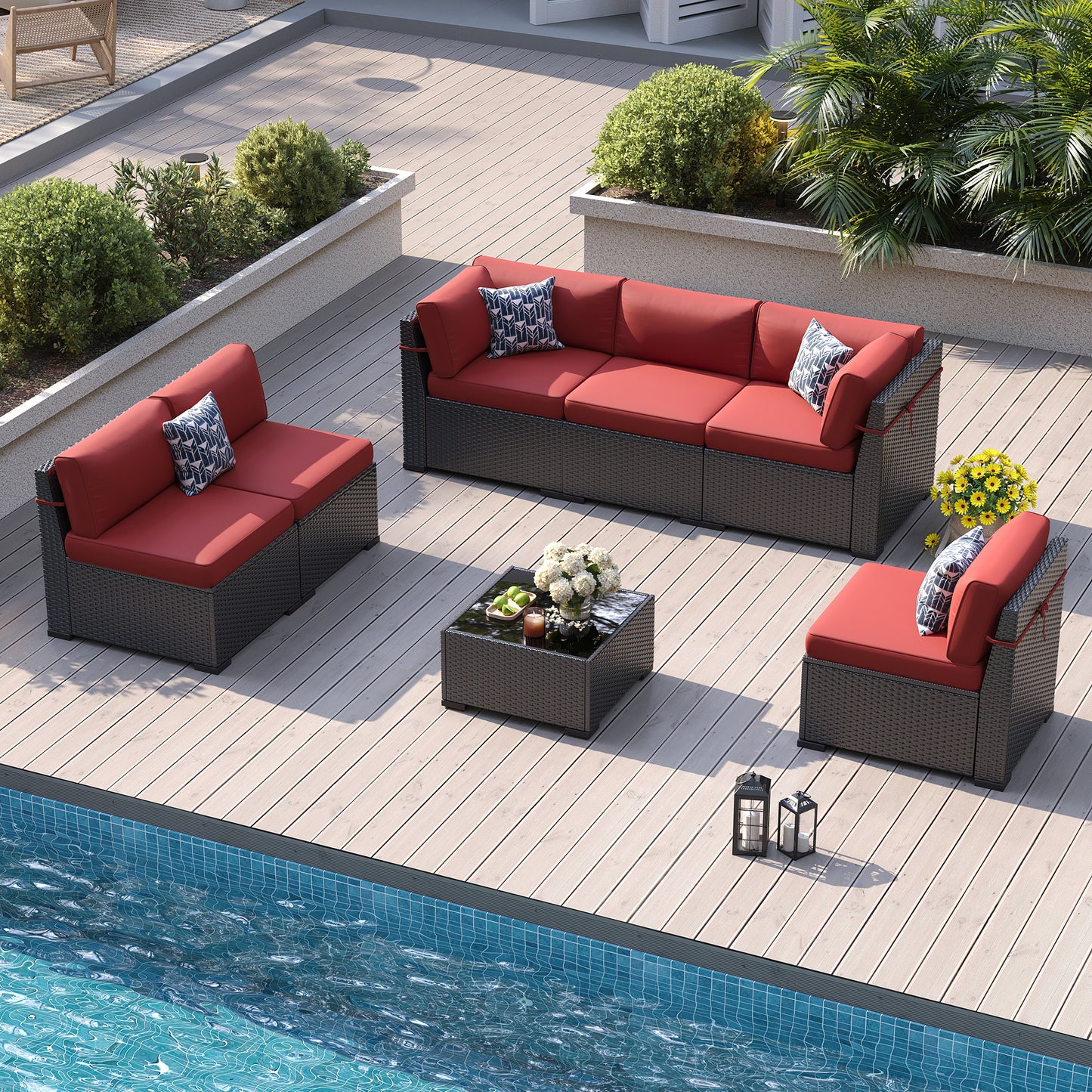 VONZOY Patio Furniture Sets, 7-Piece Outdoor Patio Furniture with Thick Cushions,Coffee Table Outdoor All-Weather Conversation Set Sectional Sofa for Backyard, Poolside, Garden(Wine Red)