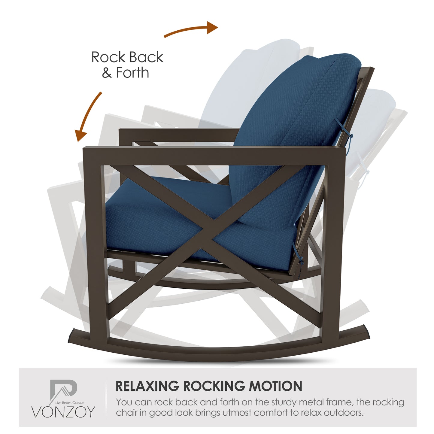 VONZOY Outdoor Rocking Bistro Set, Patio Rocking Chairs Set of 2 with Coffee Table, 3 Pieces Metal Conversation Sets with 6.5" Thick Cushions for Backyard, Porch, Poolside, Oversized (Blue)