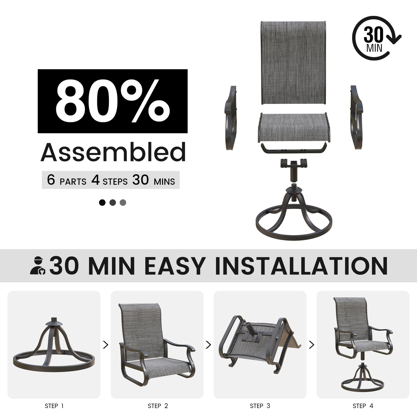 VONZOY Patio Swivel Chairs Set of 2, Outdoor Dining Chairs with High Back, All-Weather Swivel Rocker Chair for Lawn, Porch or Garden (Dark Grey)