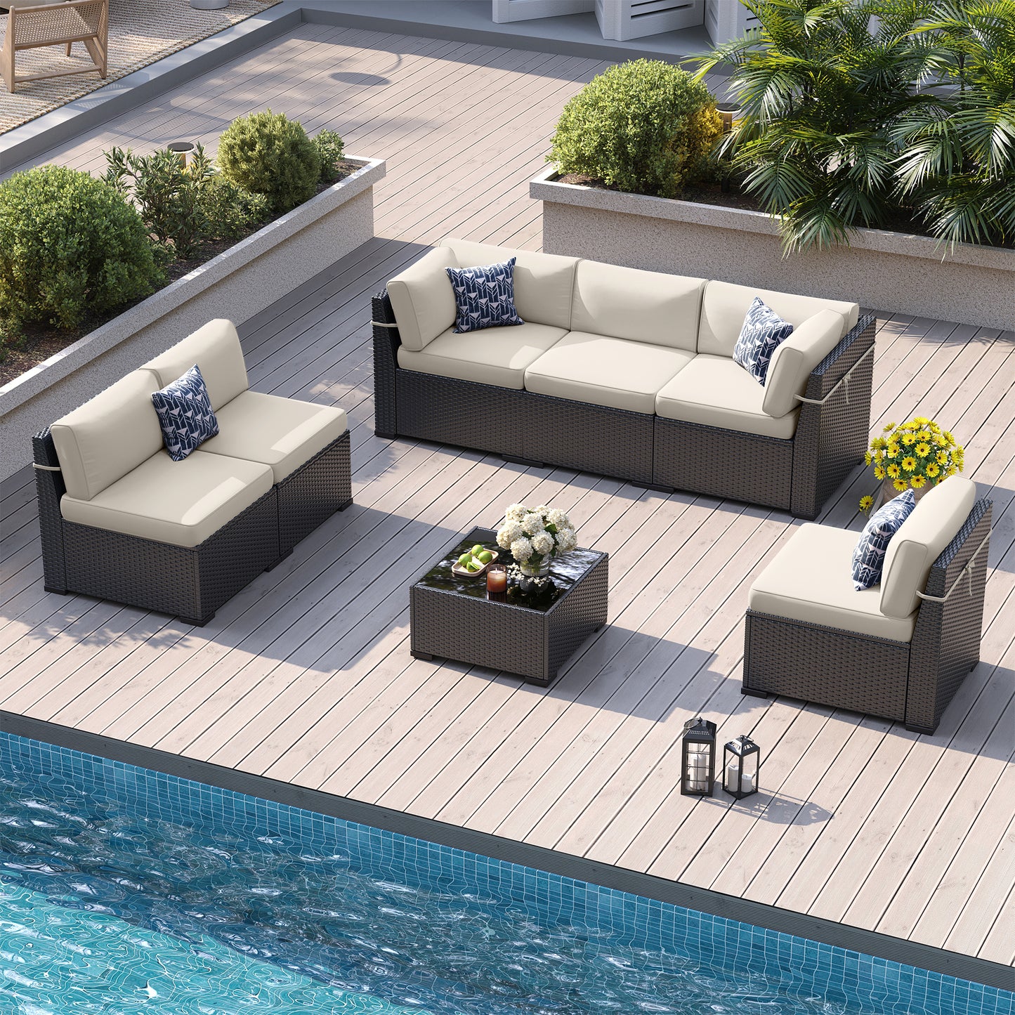 VONZOY 8-Piece Patio Furniture Set with 44” Fire Pit Table - All-Weather Wicker Conversation Sectional Sofa & Coffee Table with Thickened Cushions for Backyard, Garden(Beige)