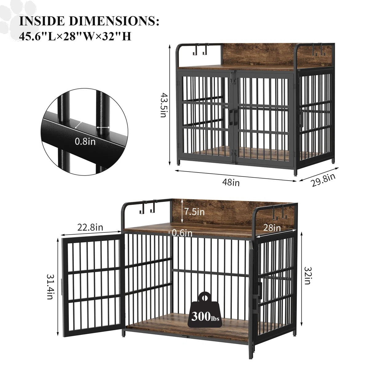 Dog Crate Furniture, 48" Heavy Duty Wooden Dog Crate End Table, XL Dog Kennel Furniture Large Breed, Decorative Dog Kennel Indoor, Double-Door Dog House