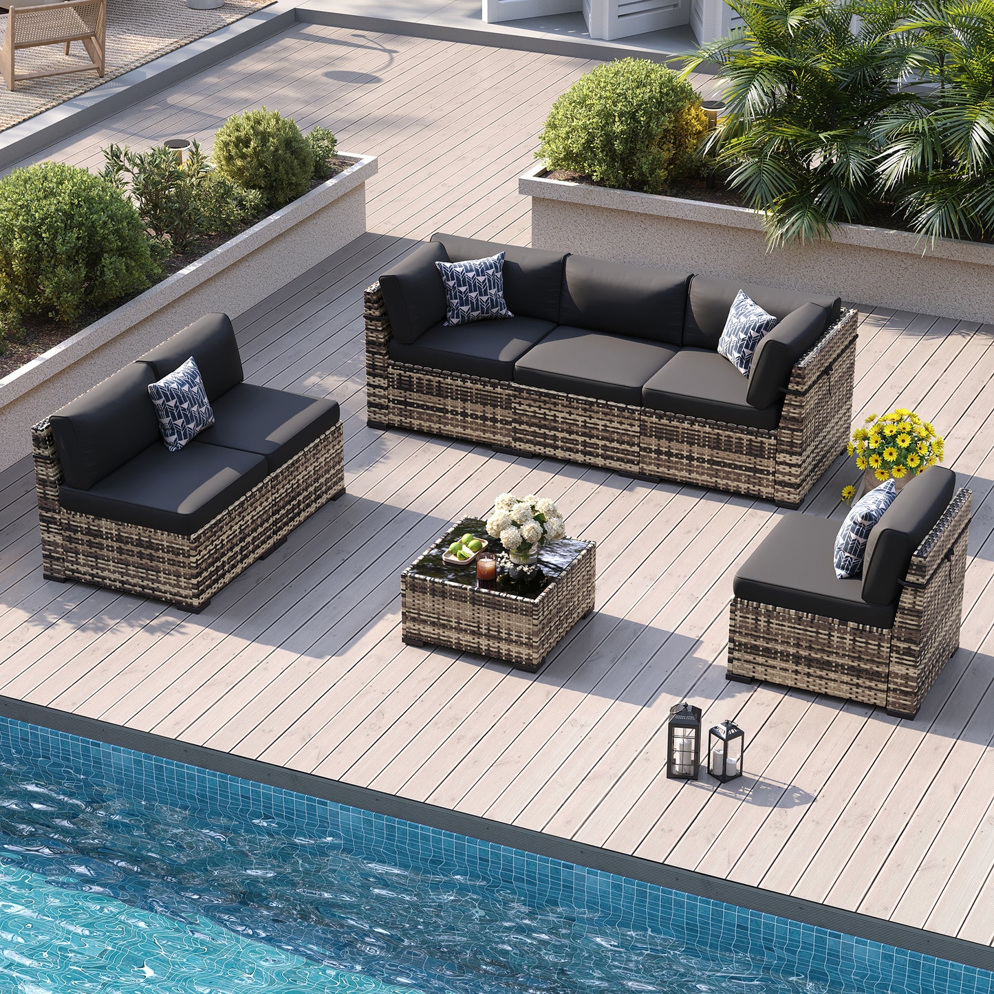 VONZOY Patio Furniture Sets, 7-Piece Outdoor Patio Furniture with Thick Cushions,Coffee Table Outdoor All-Weather Conversation Set Sectional Sofa for Backyard, Poolside, Garden(Black)