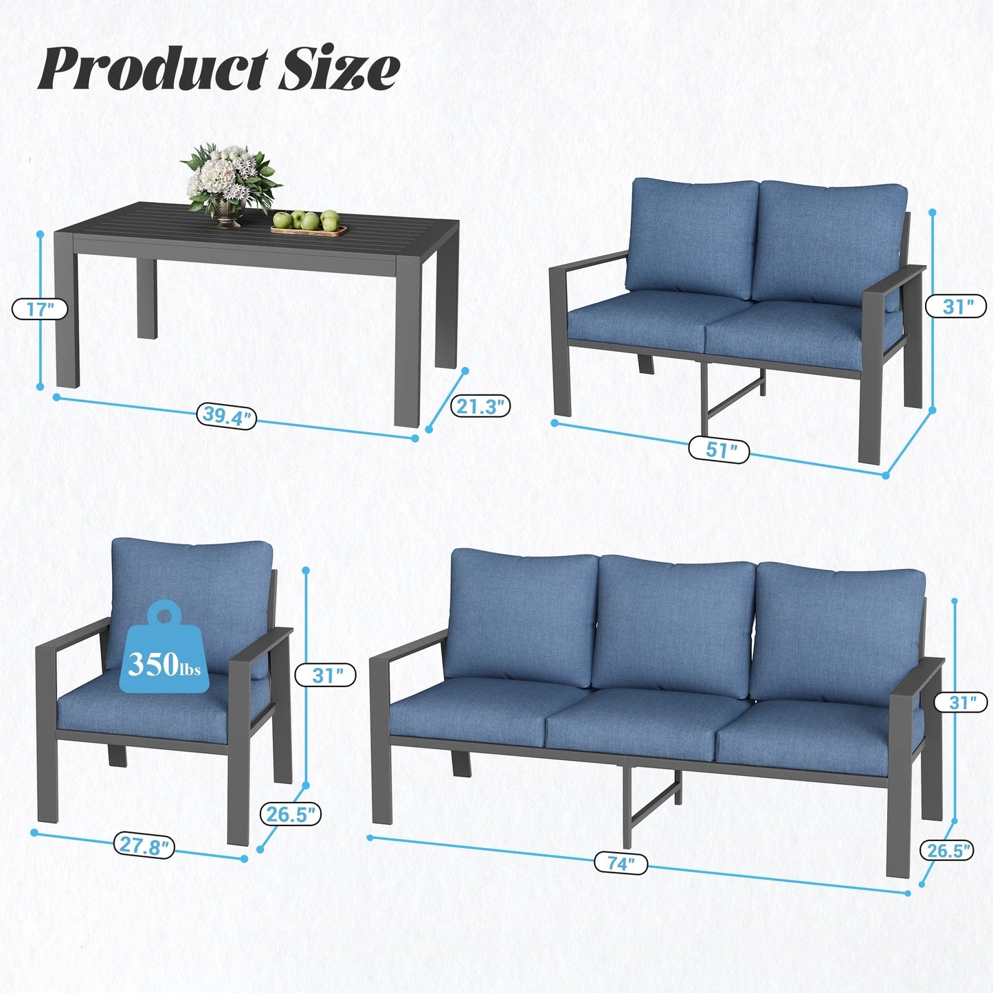 VONZOY 5 Pieces Aluminum Patio Furniture Set, Modern Patio Conversation Sets for Porch, Deck, Garden, 7-Seat Outdoor Metal Sofa Set with 4" Water-Resistant Cushion & Coffee Table,Navy