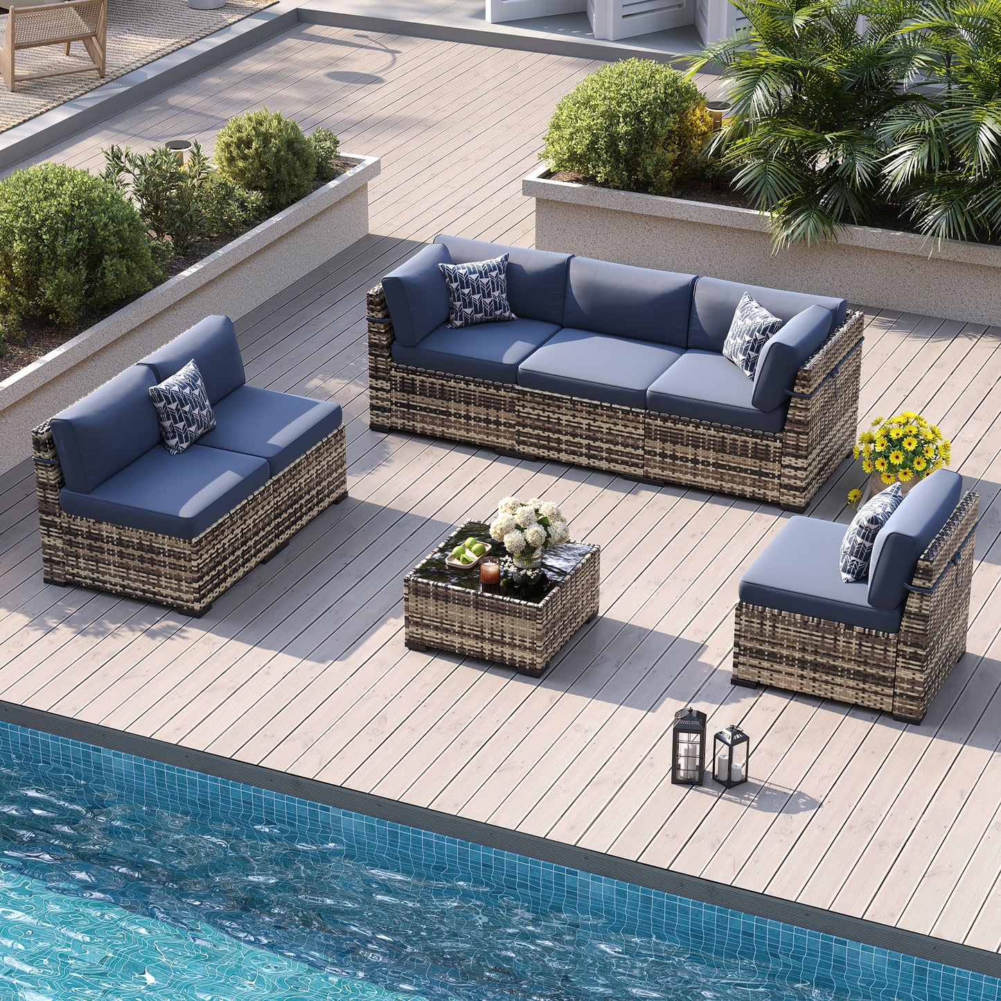 VONZOY Patio Furniture Sets, 7-Piece Outdoor Patio Furniture with Thick Cushions,Coffee Table Outdoor All-Weather Conversation Set Sectional Sofa for Backyard, Poolside, Garden(Navy Blue)