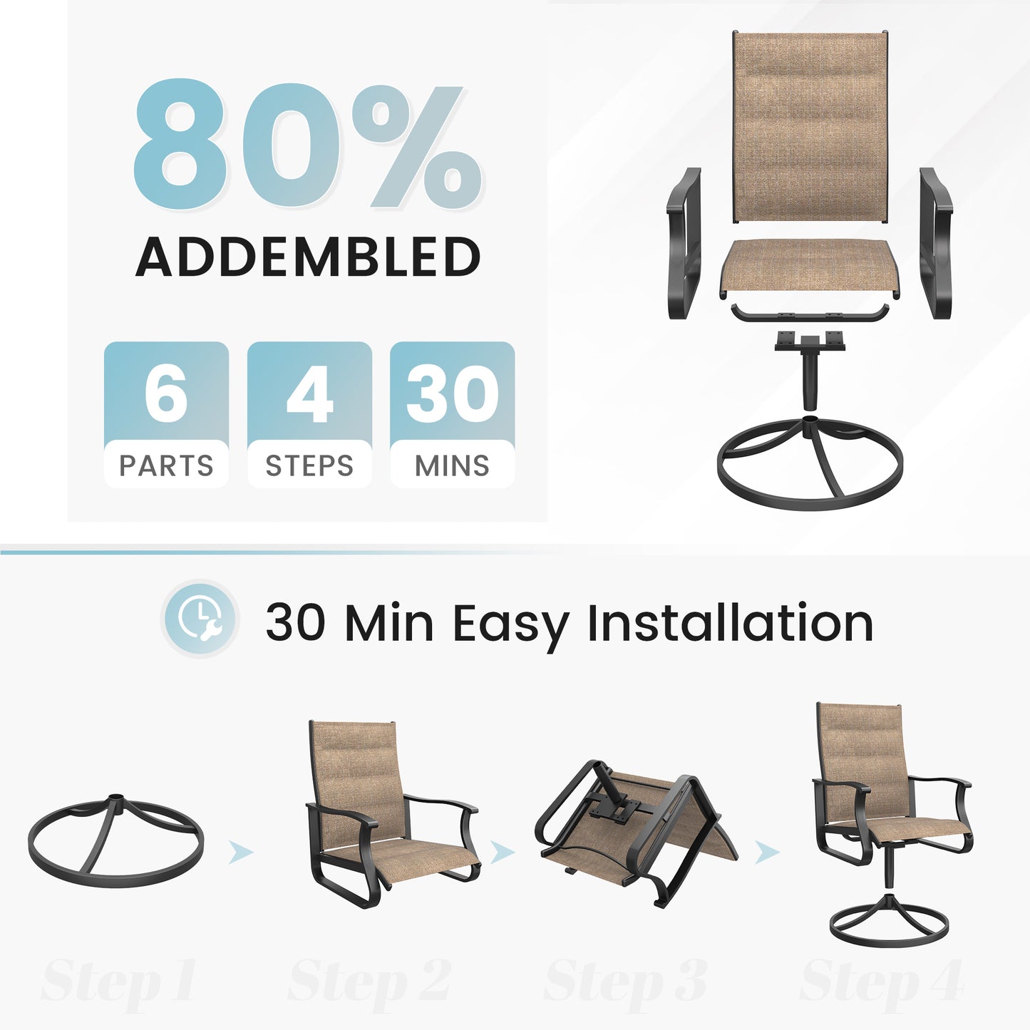 VONZOY Patio Swivel Chairs Set of 4, Outdoor Dining Chairs with High Back, 360° Swivel Rocker Chair in All-Weather Padded Textilene & Metal Frame for Garden, Porch, Backyard, Balcony(Padded Brown)