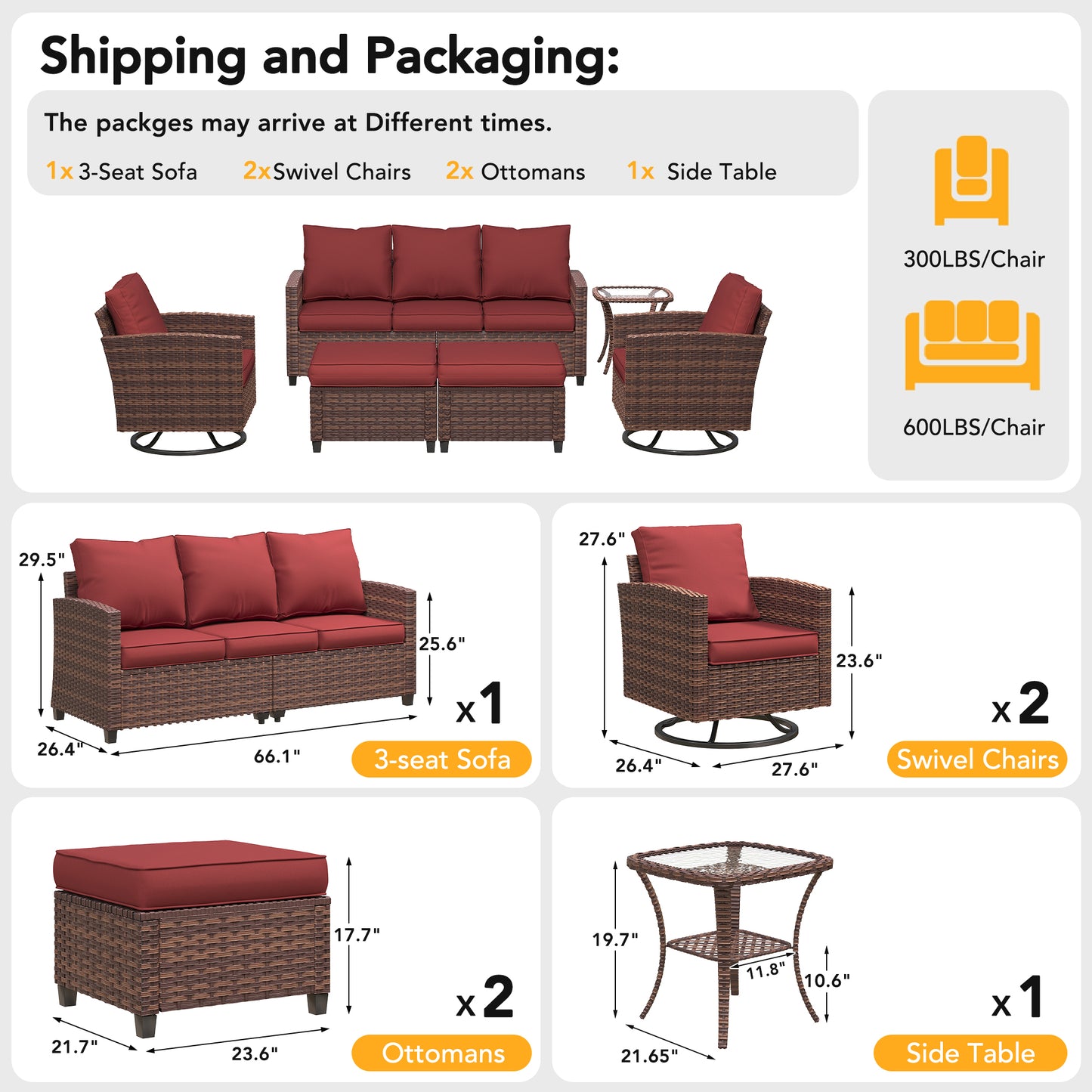 VONZOY Patio Furniture Sets, 6 Pieces Patio Outdoor Sectional Furniture, Wicker Rattan Conversation Sofa with Rocking Chair, Ottomans, Side Table, Wine Red Cushion
