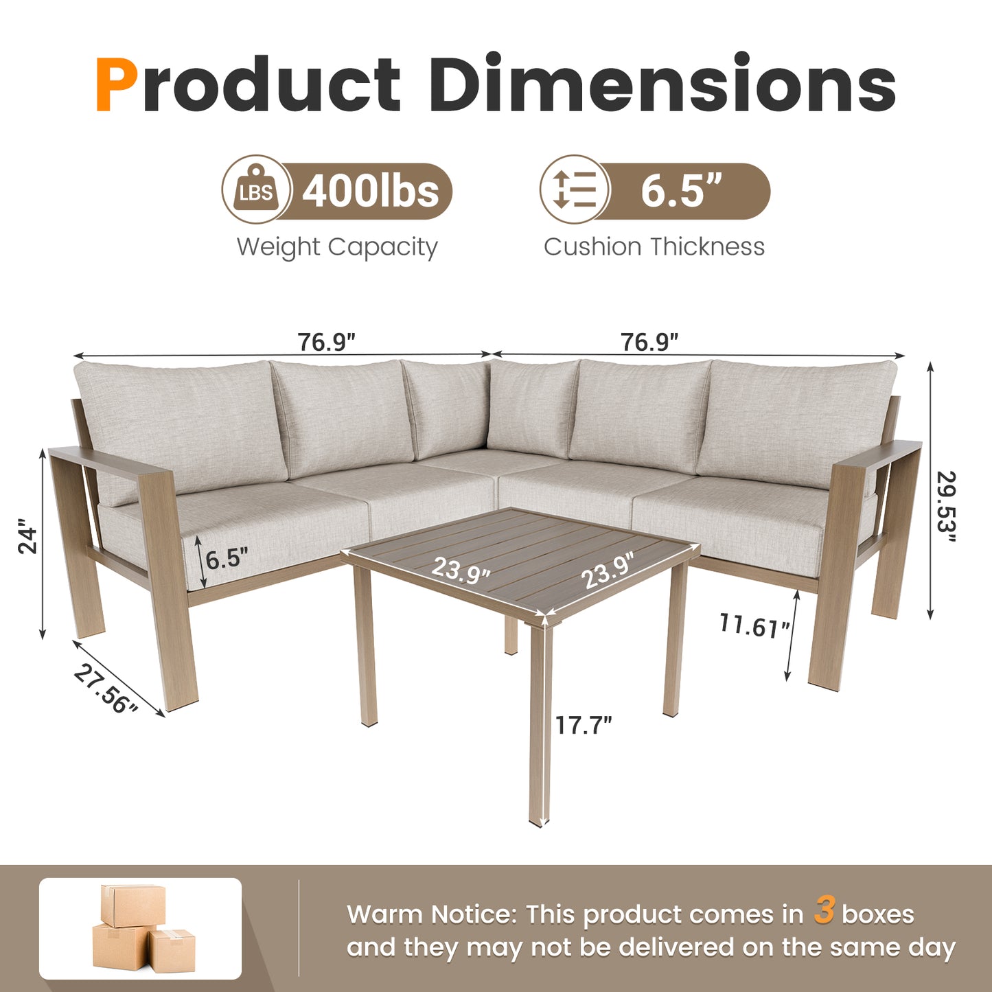 VONZOY 6 Pieces Patio Furniture Set, Wood-Look Metal Outdoor Sectional Furniture Conversation Set, L Shape Patio Couch with Side Table, 6.5" Thick Olefin Cushions for Garden, Backyard, Deck(Beige)