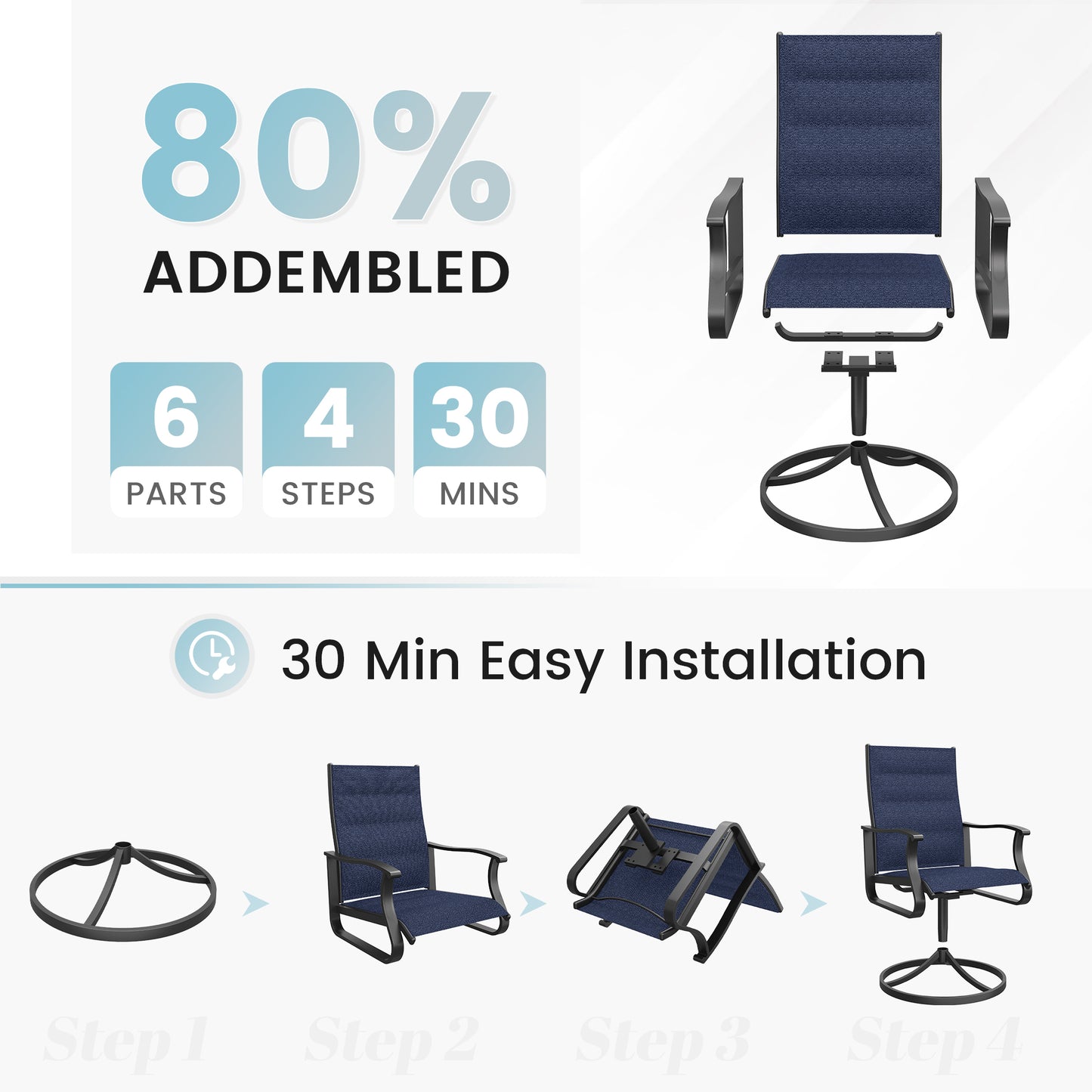 VONZOY Patio Swivel Chairs Set of 2, Outdoor Dining Chairs with High Back, 360° Swivel Rocker Chair in All-Weather Padded Textilene & Metal Frame for Garden, Porch, Backyard, Balcony(Padded Navy)
